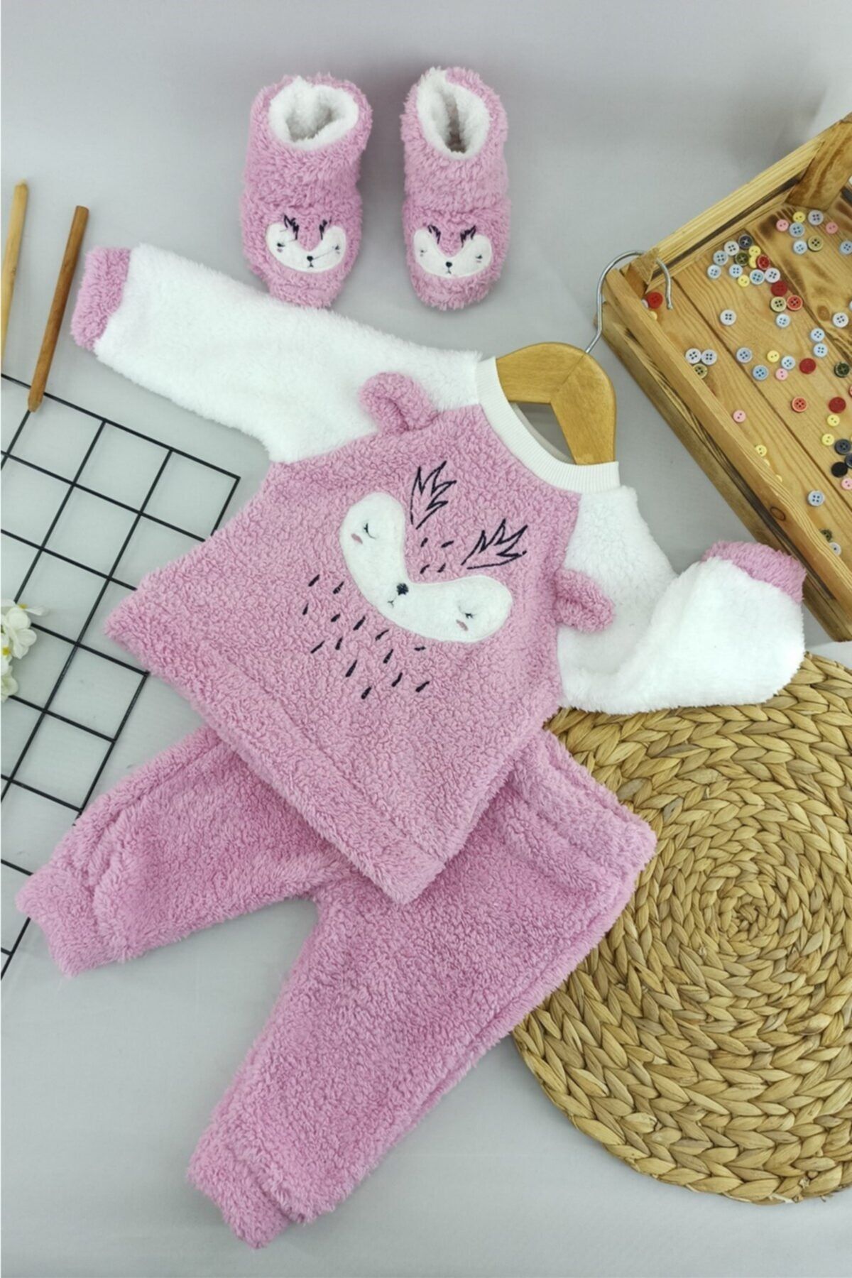 ALİSS BABY Lila Geyik Desenli Kışlık Welsoft Panduflu Lüx Bebek Takımı