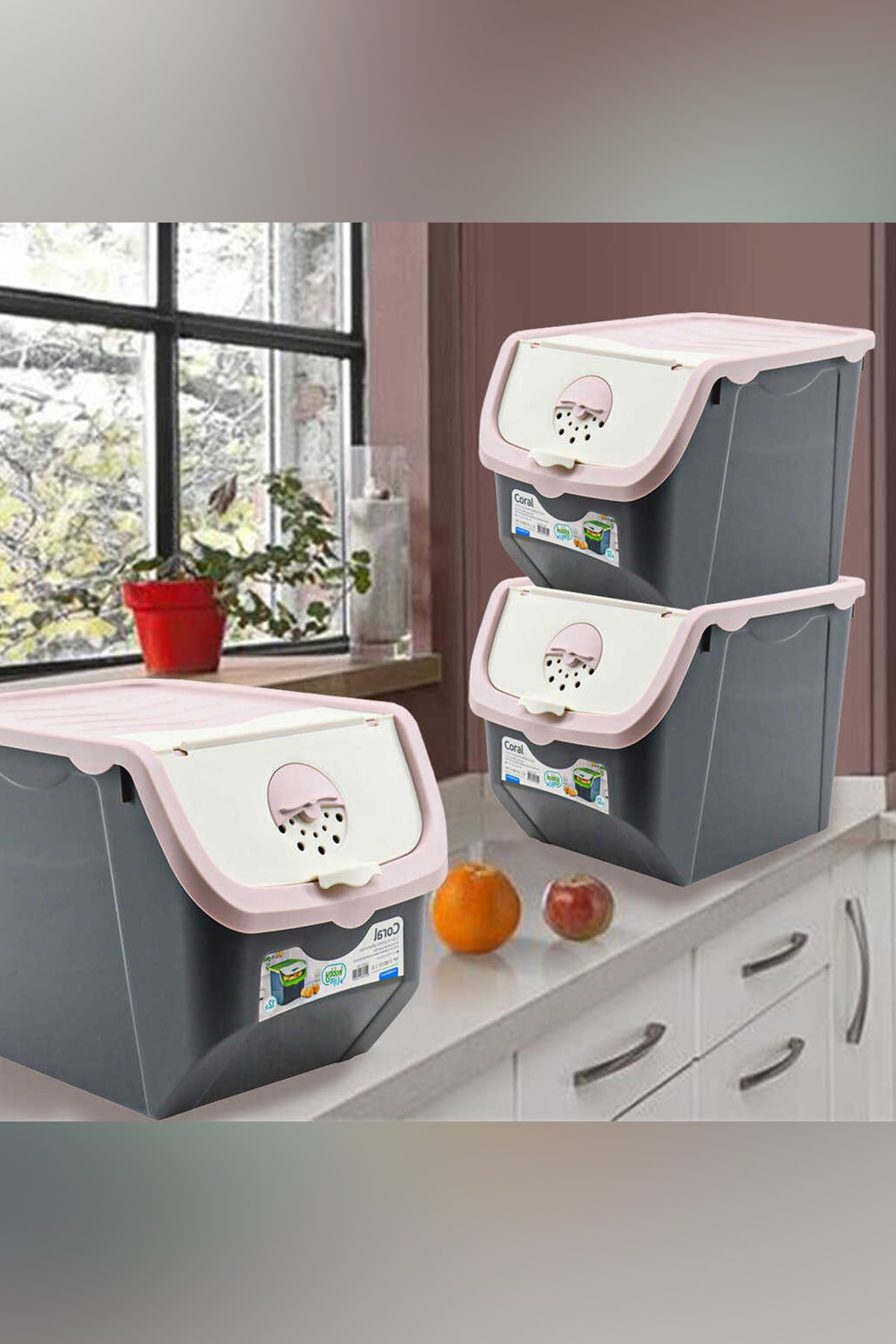 HOBBY LİFE Coral 3x12 Litre Soğan Patates Saklama Kutusu Gri-pembe