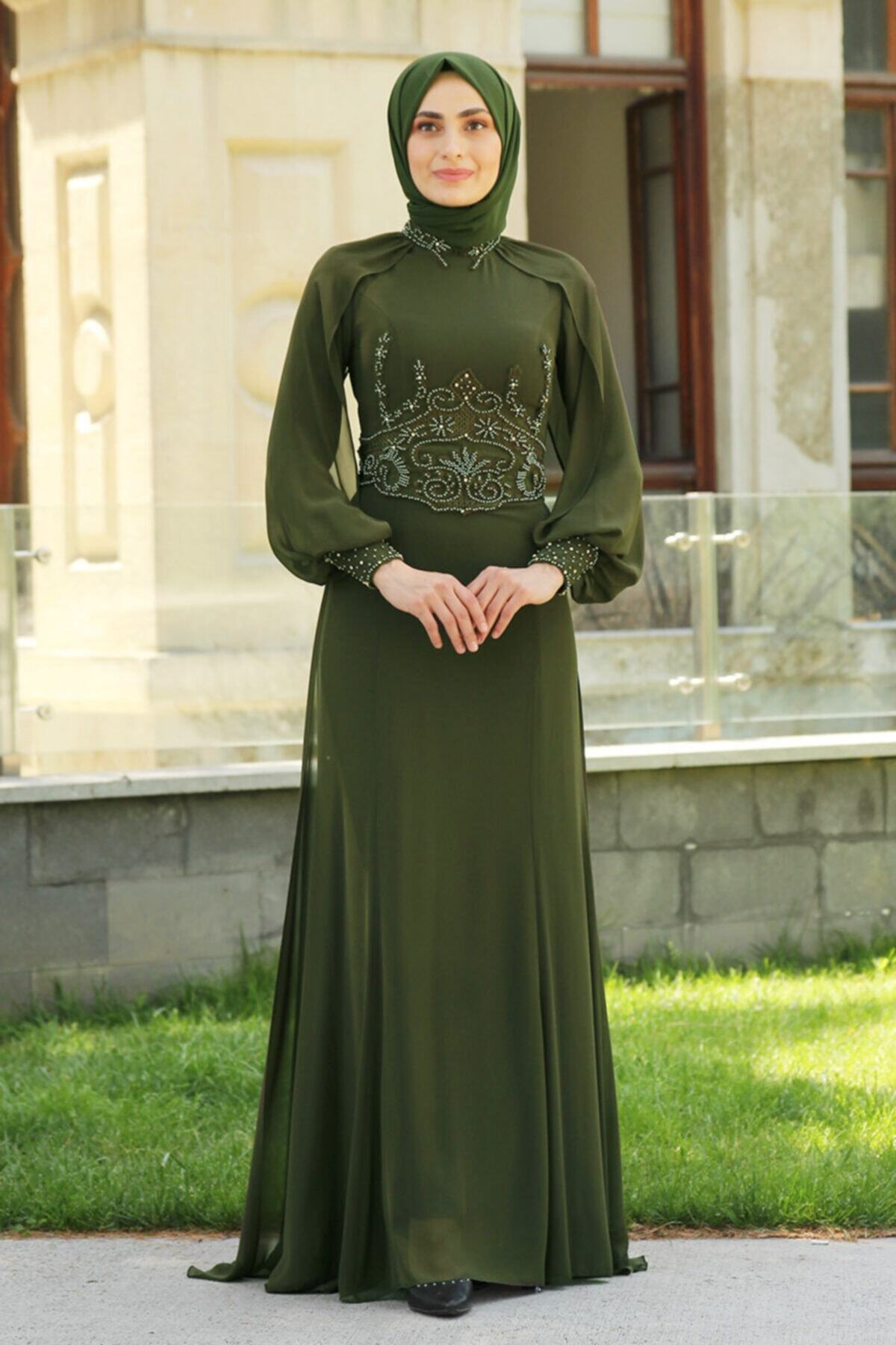 Feiza Collection Güpür Ve Inci Detaylı Tesettür Abiye Elbise - Haki