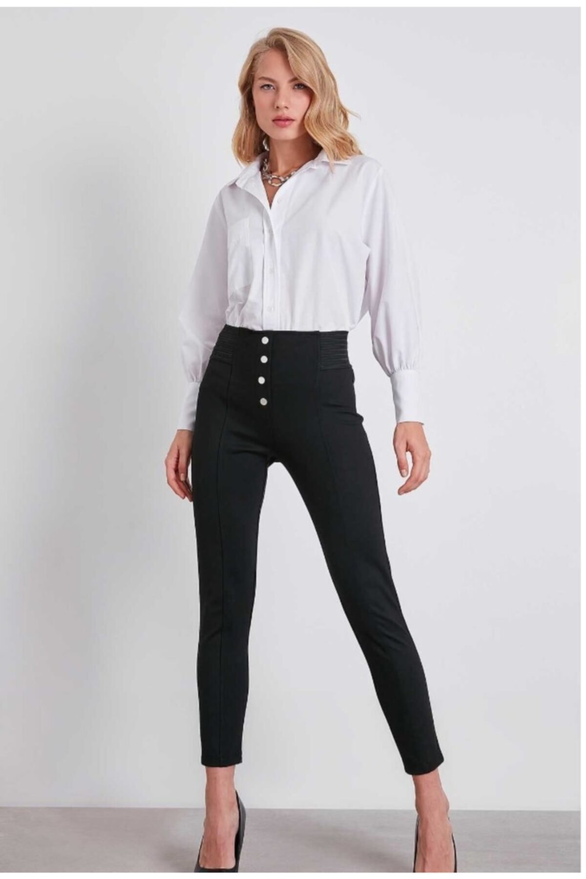 Vitrin Yüksek Bel Düğme Detaylı Toparlayıcı Örme Tayt Pantalon