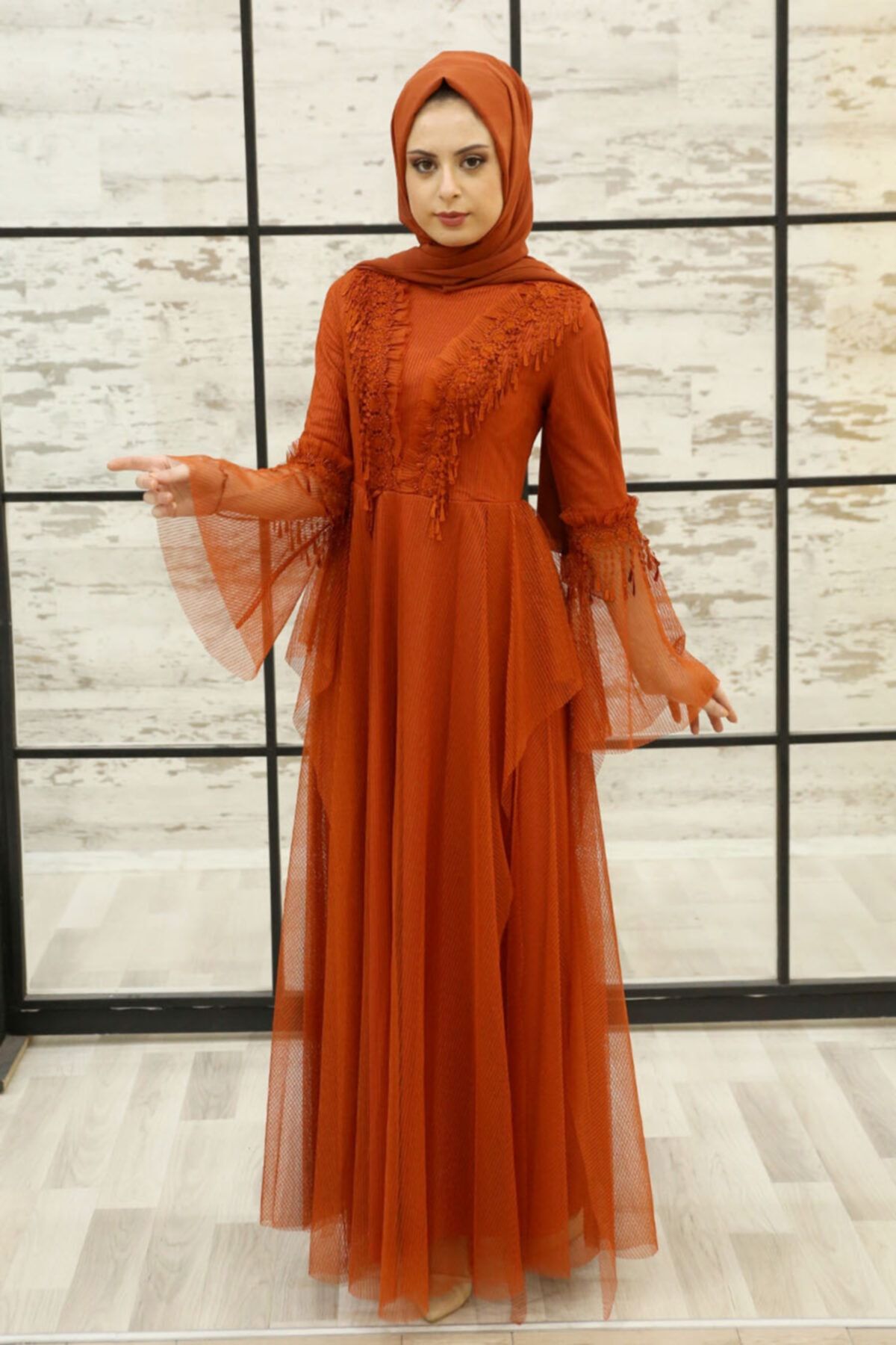Feiza Collection Fırfırlı Tesettür Abiye Elbise - Kiremit