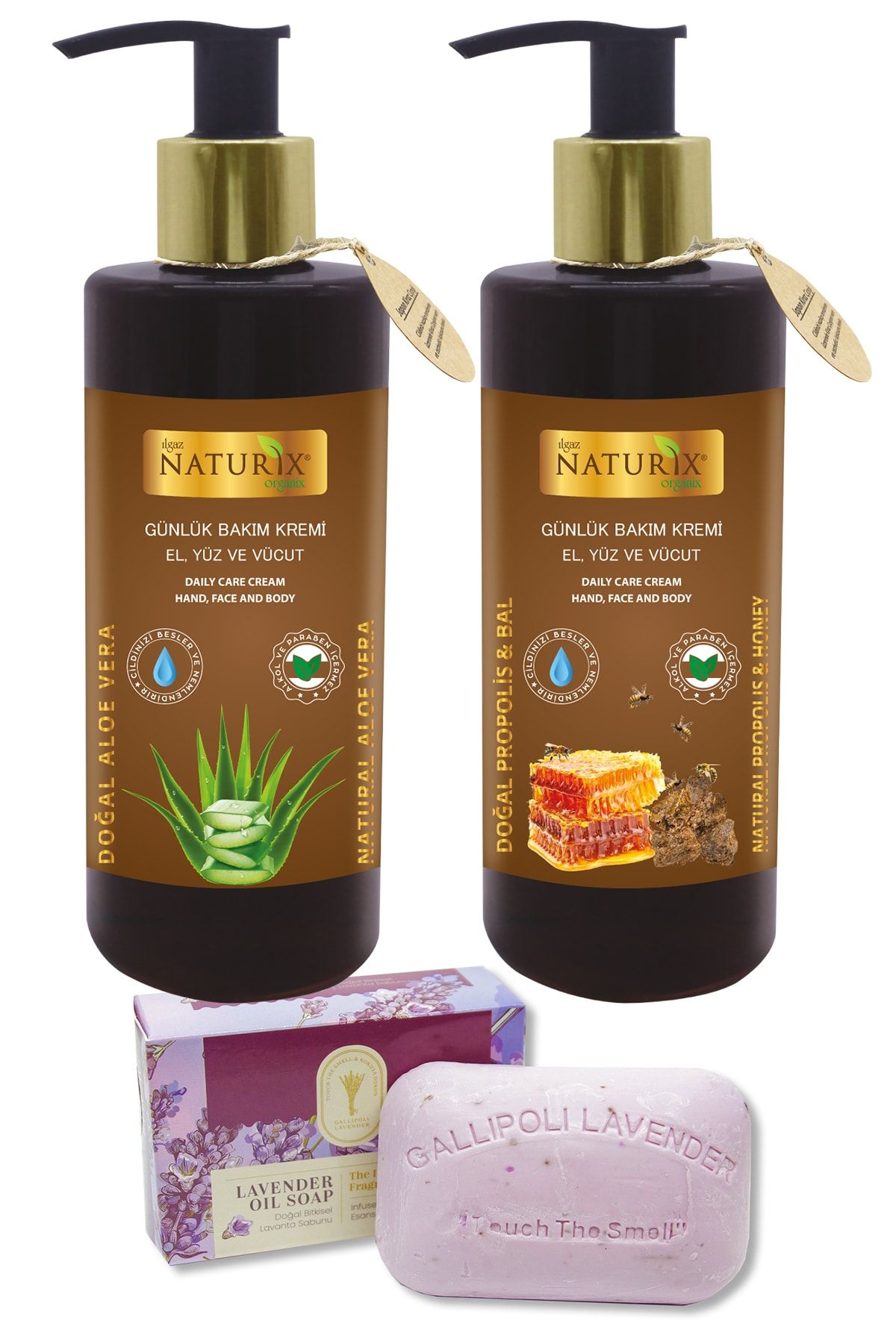 Naturix Aloe Vera 250ml + Bal&propolis El Yüz Vücut Nemlendirici Krem - Losyon 250ml + Lavanta Sabunu 100gr