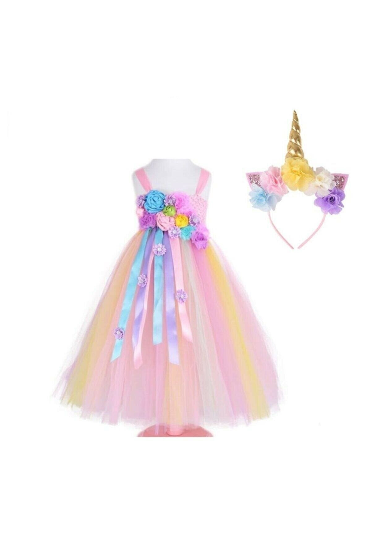 Kokoş Aksesuar Unicorn Tütü Elbise Ve Taç Seti Bileklik Hediye