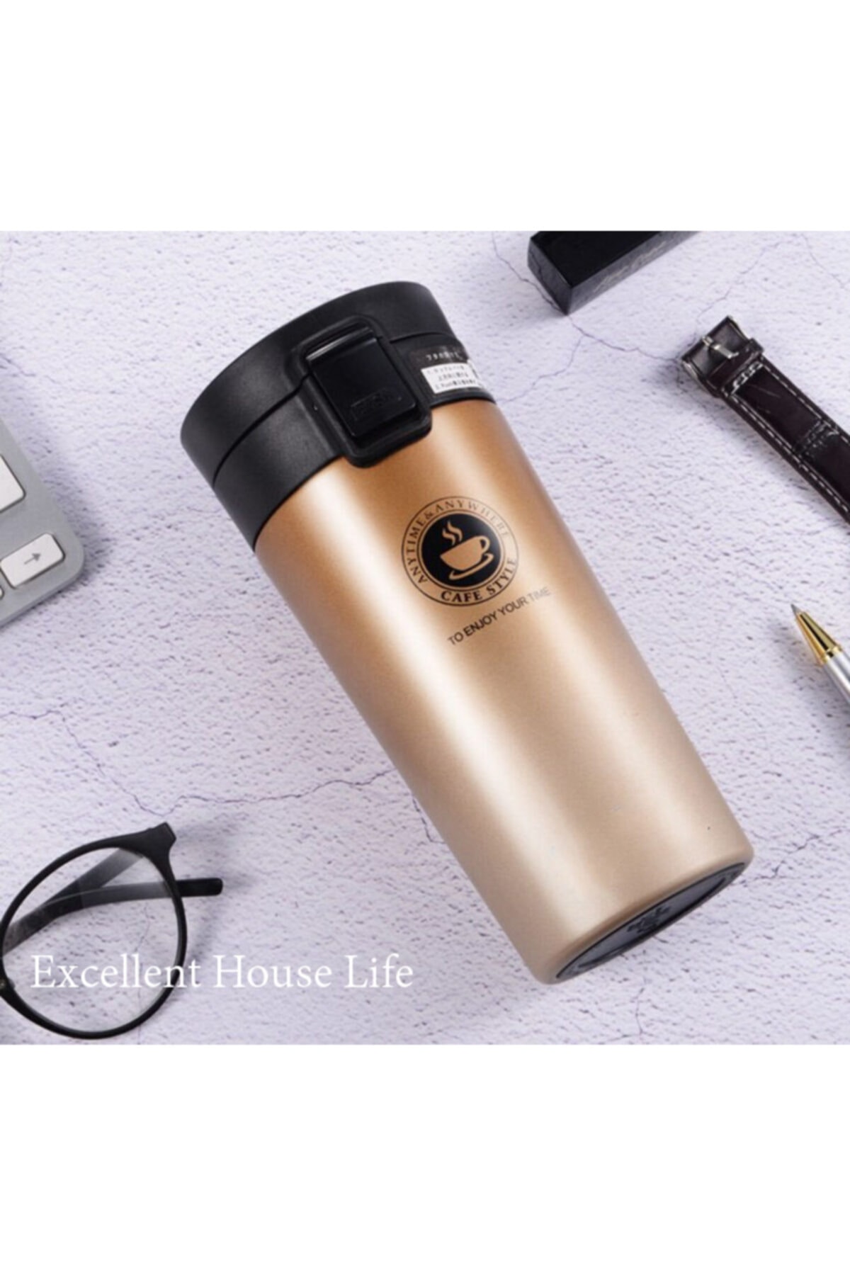 Excellent House Life Çift Katmanlı Paslanmaz Çelik Termos Bardak 380ml Travel Mug Flitreli Sızdırmaz Kahve