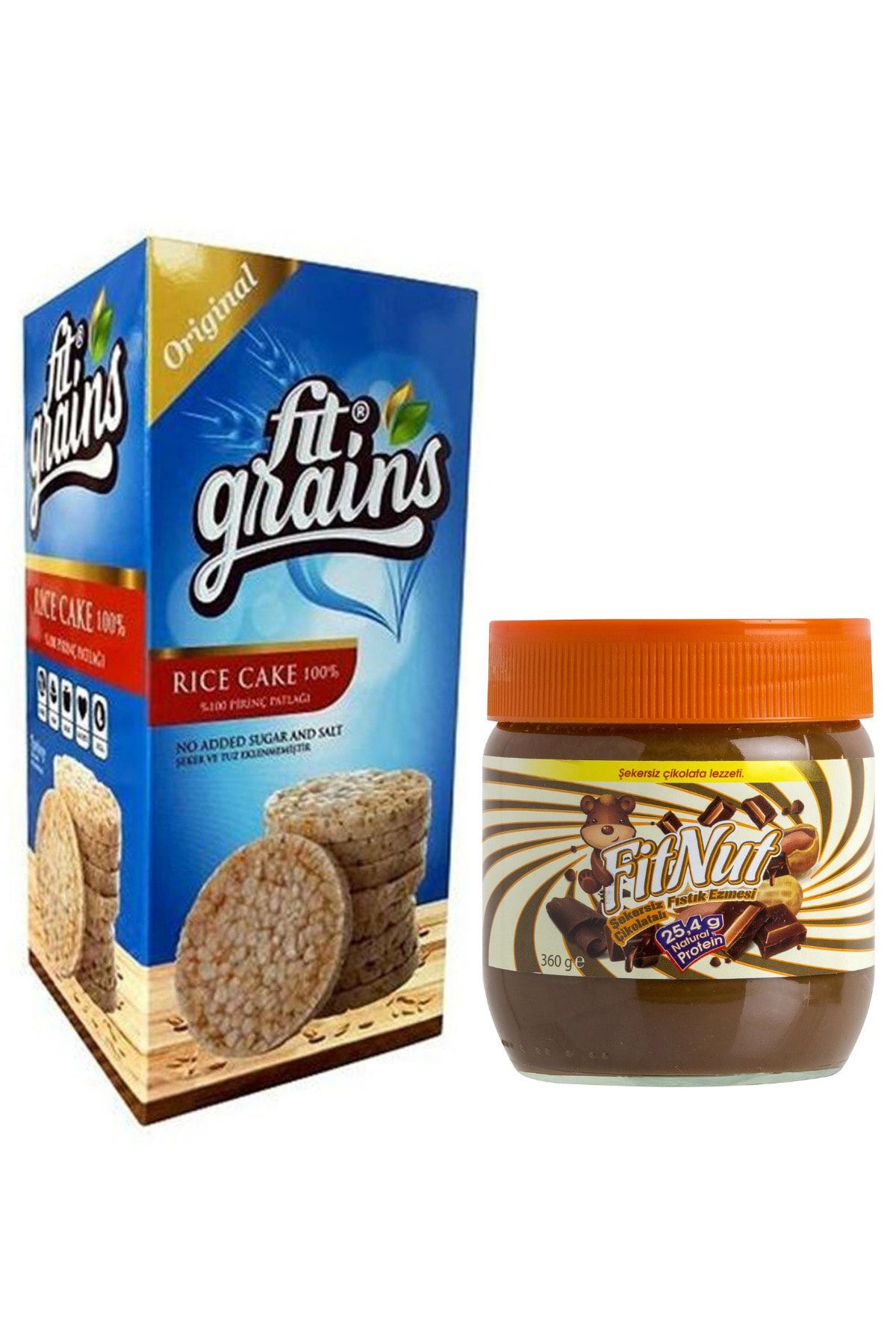 Fit Grains Rice Cake %100 Katkısız Pirinç Patlağı 135 gr + Doğal Çikolatalı Şekersiz Fıstık Ezmesi 360 gr