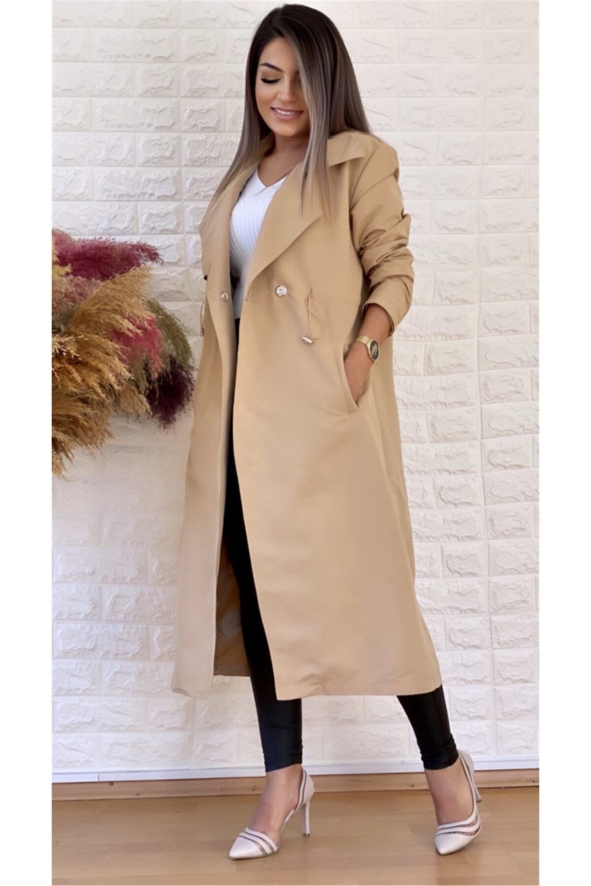 SEDA FİDAN Beli Tünelli Uzun Trenç Camel