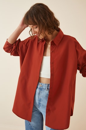 Happiness İst. Kadın Koyu Kiremit Oversize Poplin G&ouml;mlek US00733