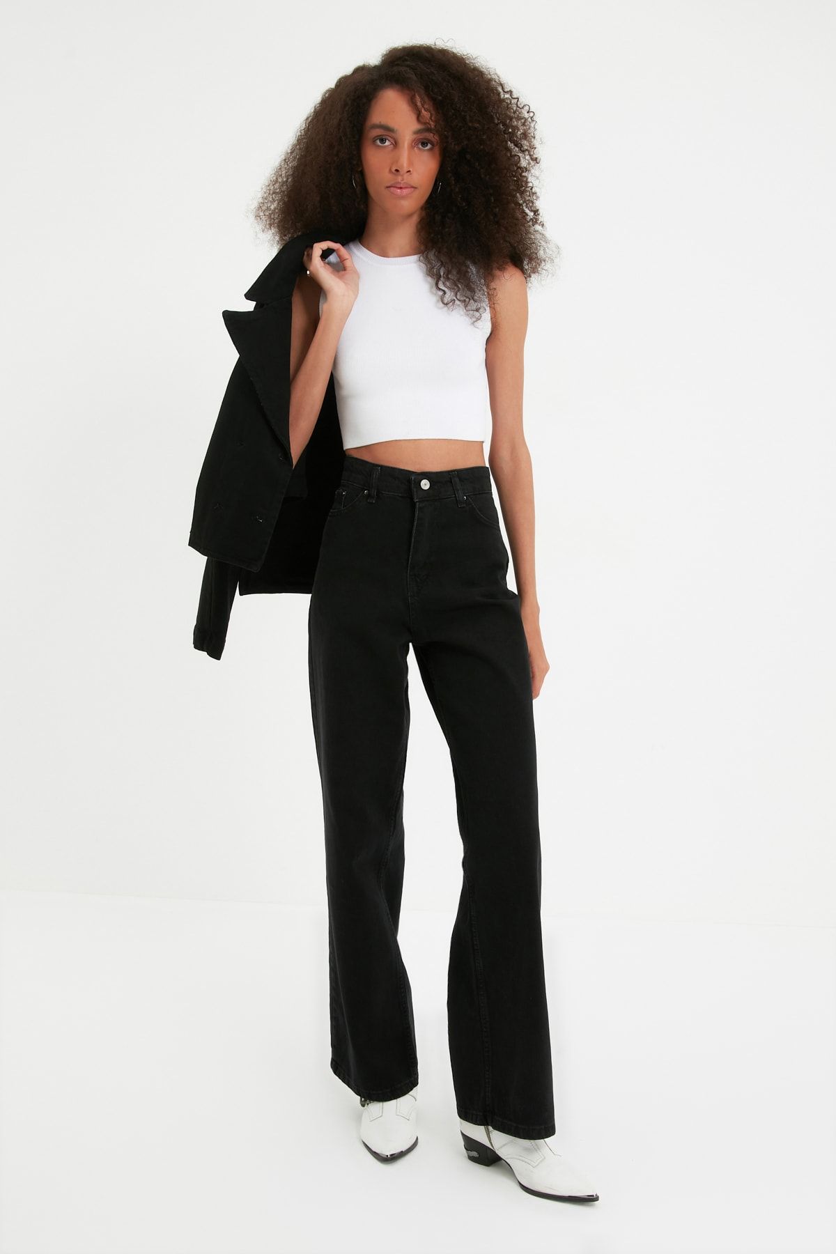TRENDYOLMİLLA Siyah Yüksek Bel Wide Leg Jeans TWOAW22JE0794