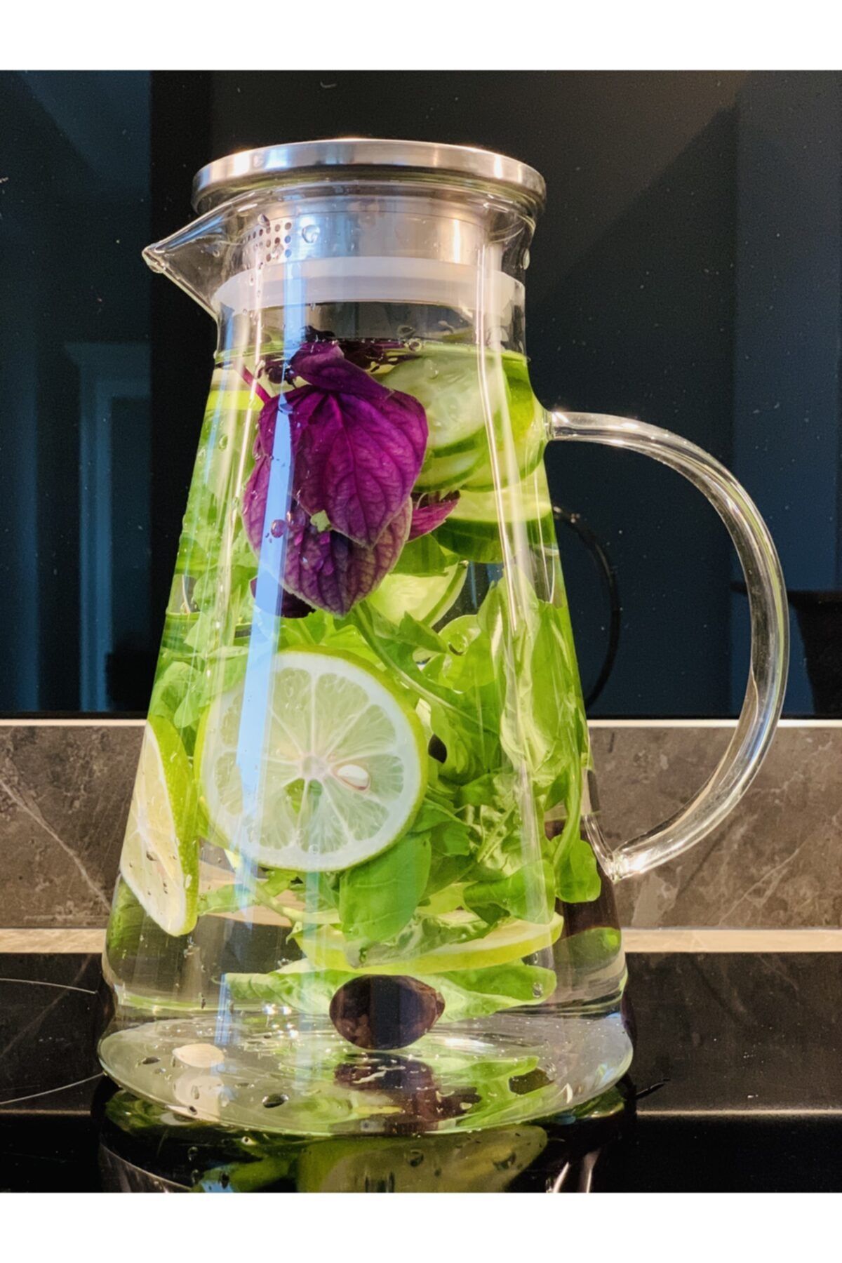 Ladies Deco Borasilikat Cam Sürahi 2000 ml Ateşe Dayanıklı Metal Kapaklı Vakumlu Lüx Sürahi