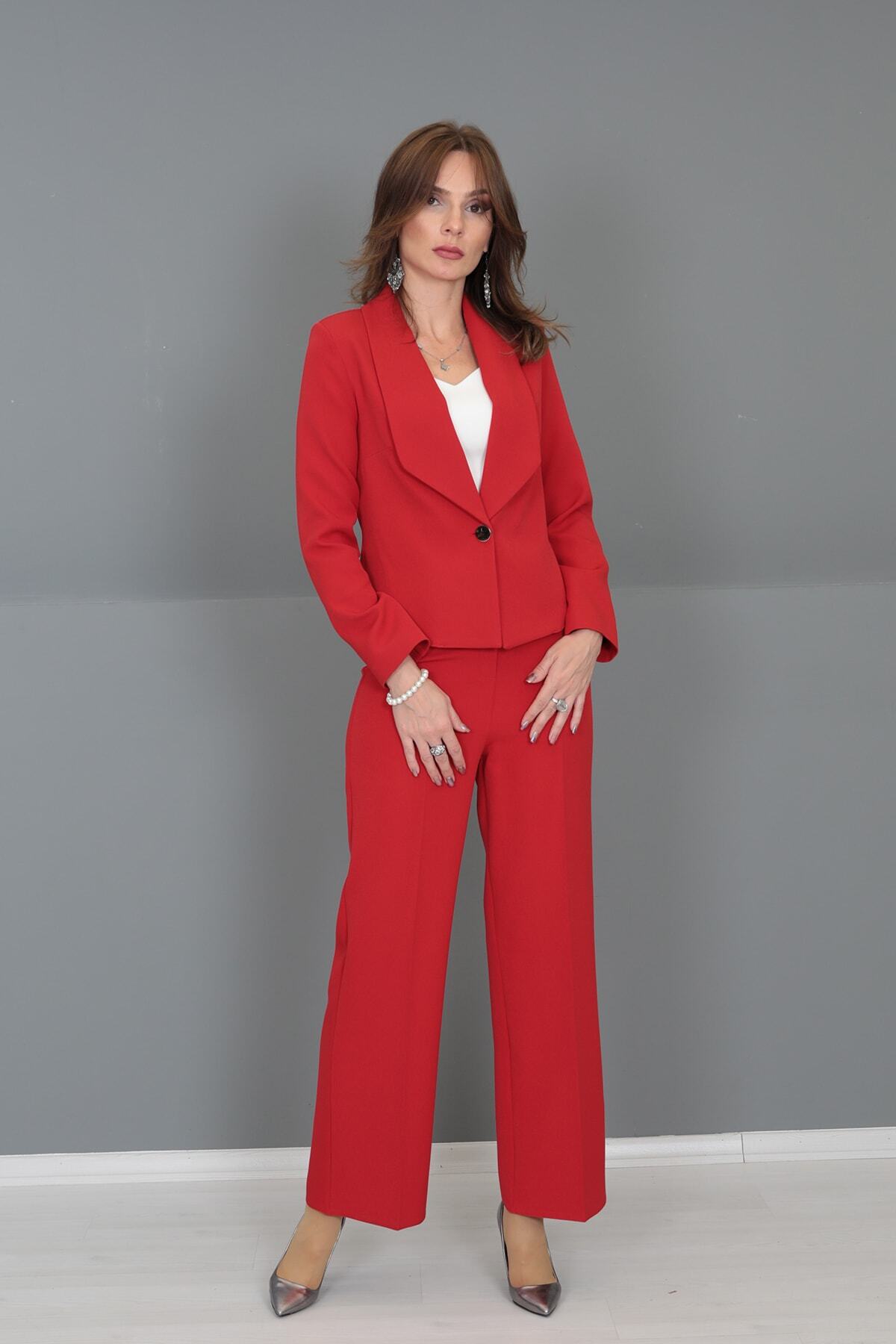 ÖNDER ÖZSOY Mini Ceket & Bol Paça Pantolon Takım-kırmızı