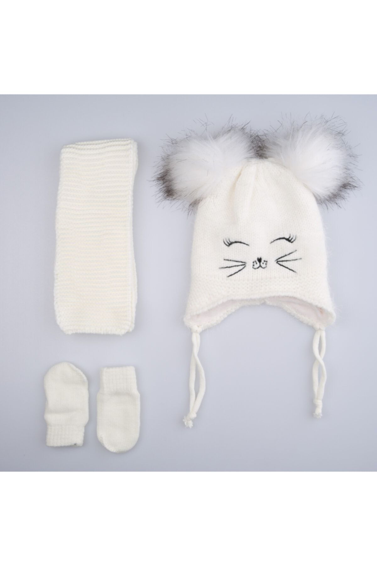 Kitti Kız Kedili Takım Uçlu Atkı Bere Eldiven Set