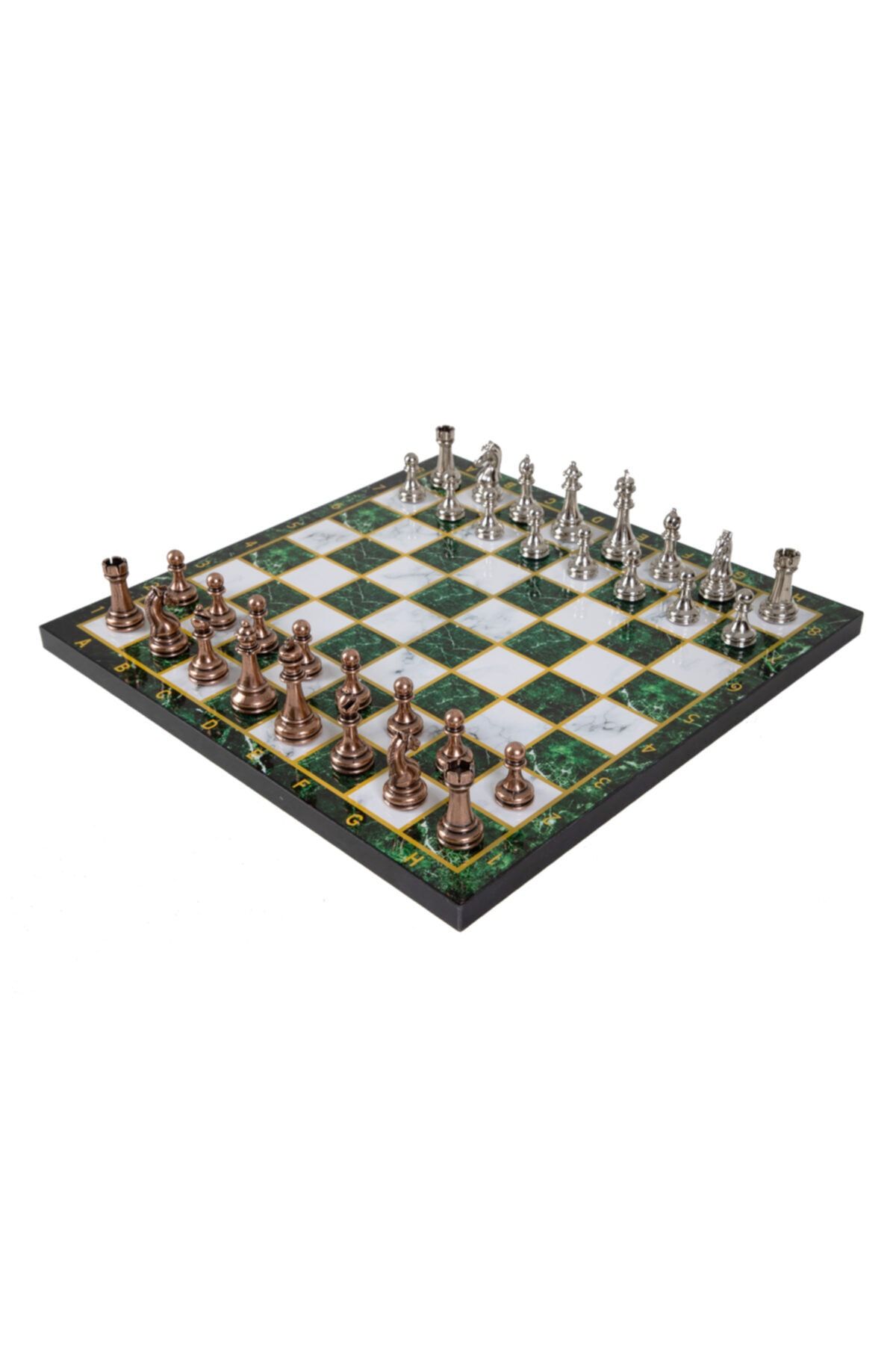elife shop Lüks Metal Satranç Takımı Krom Kaplama Klasik Figür Bronz Set Özel Ayaklı Yeşil Mermer Desenli Tahta