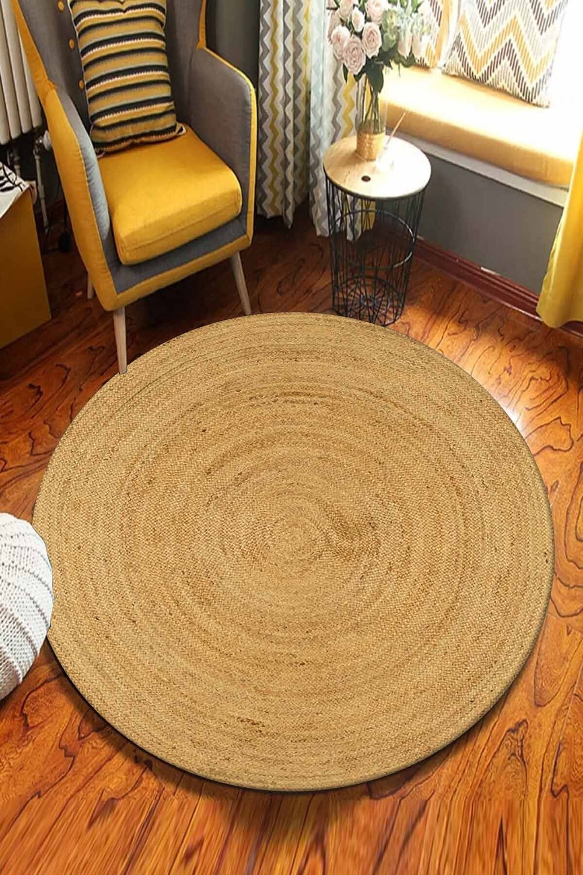 GARDENYA HOME Sütlü Kahveyuvarlak Jüt Örme Doğal Hasır Kilim Daire Halı Jut-3064