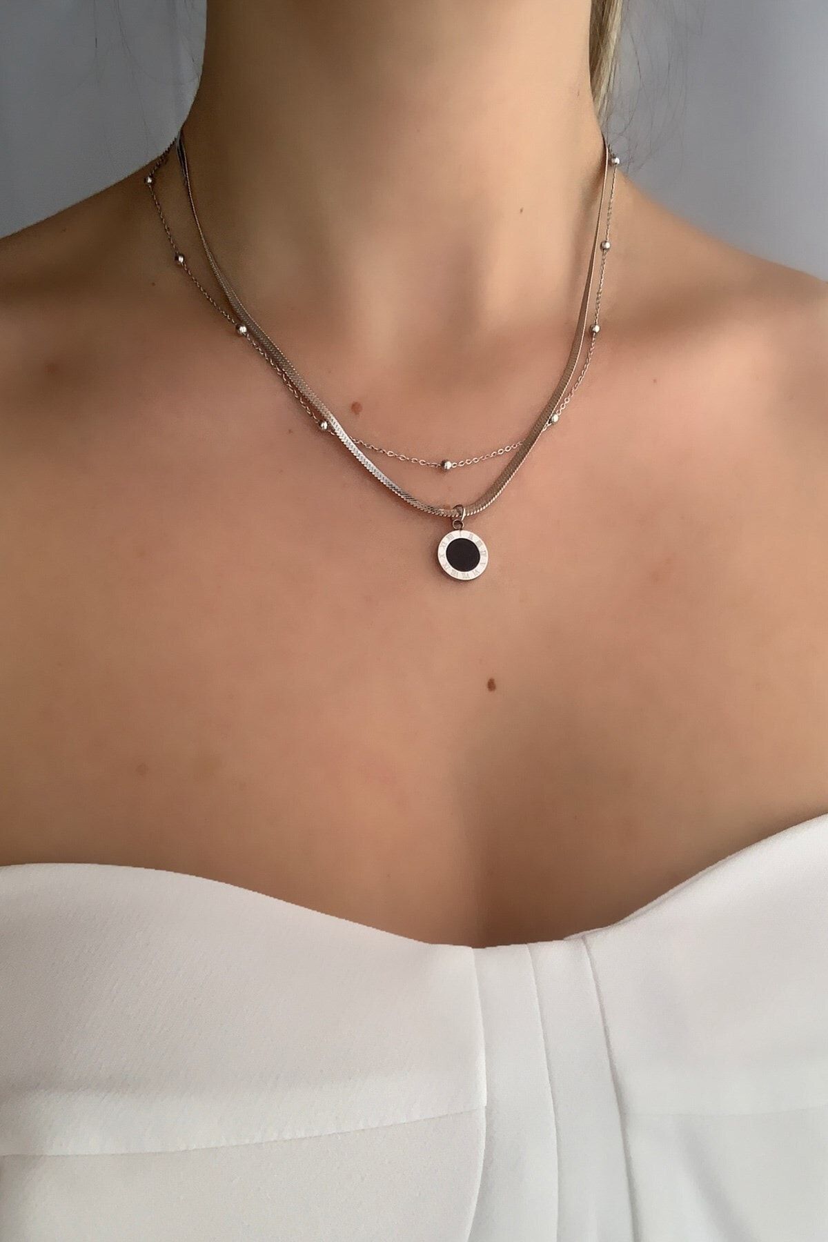 Çlk Accessories Çelik Mineli Roma Rakamlı 2 Li Italyan Zincir Çelik Kolye Trkolye5686 B35003