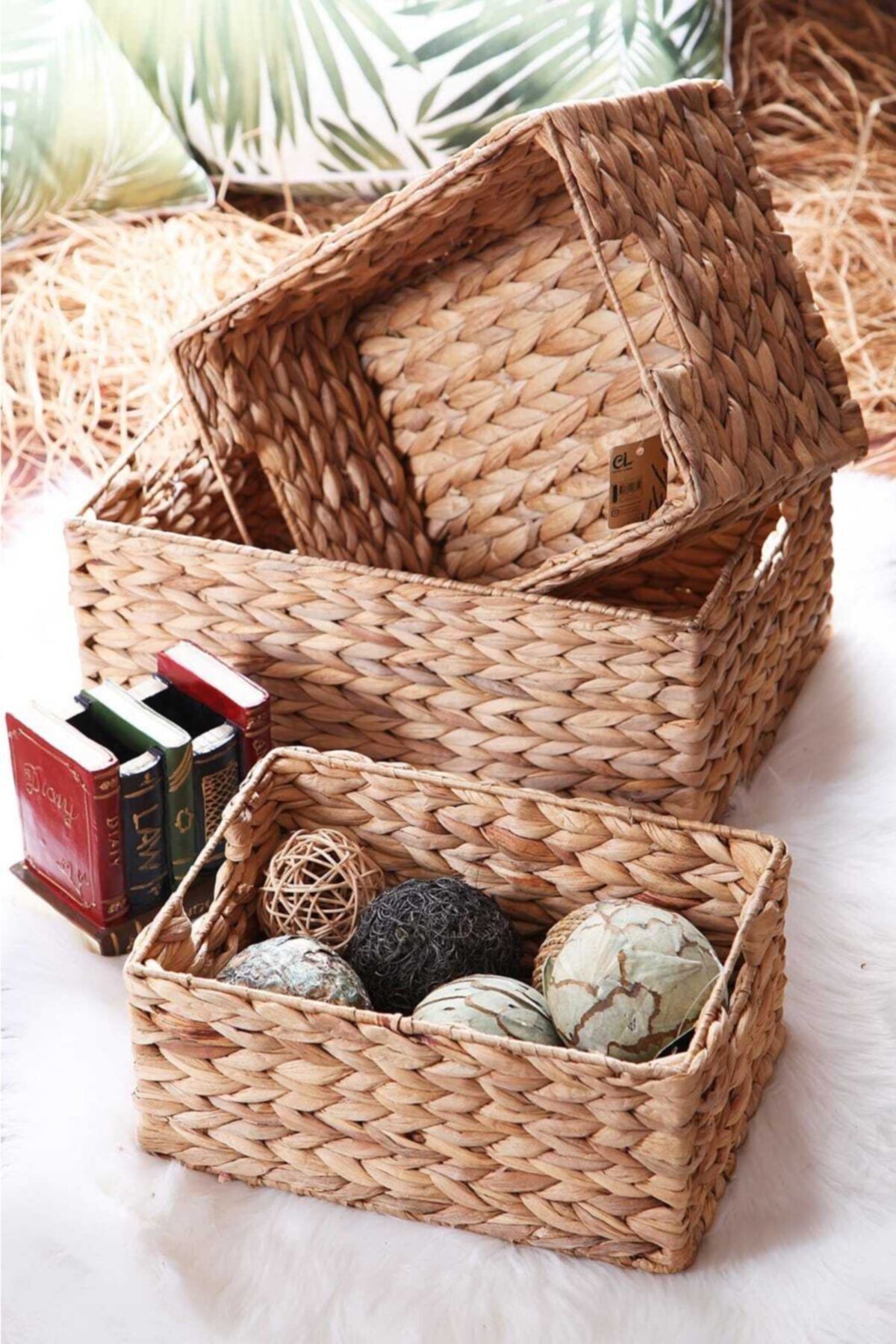 M&K Home %100 Bambu Hasır Üçlü Dikdörtgen Düzenleyici Sepet Ince Çerçeve Sele Handmade Natural Lux Koleksiyon