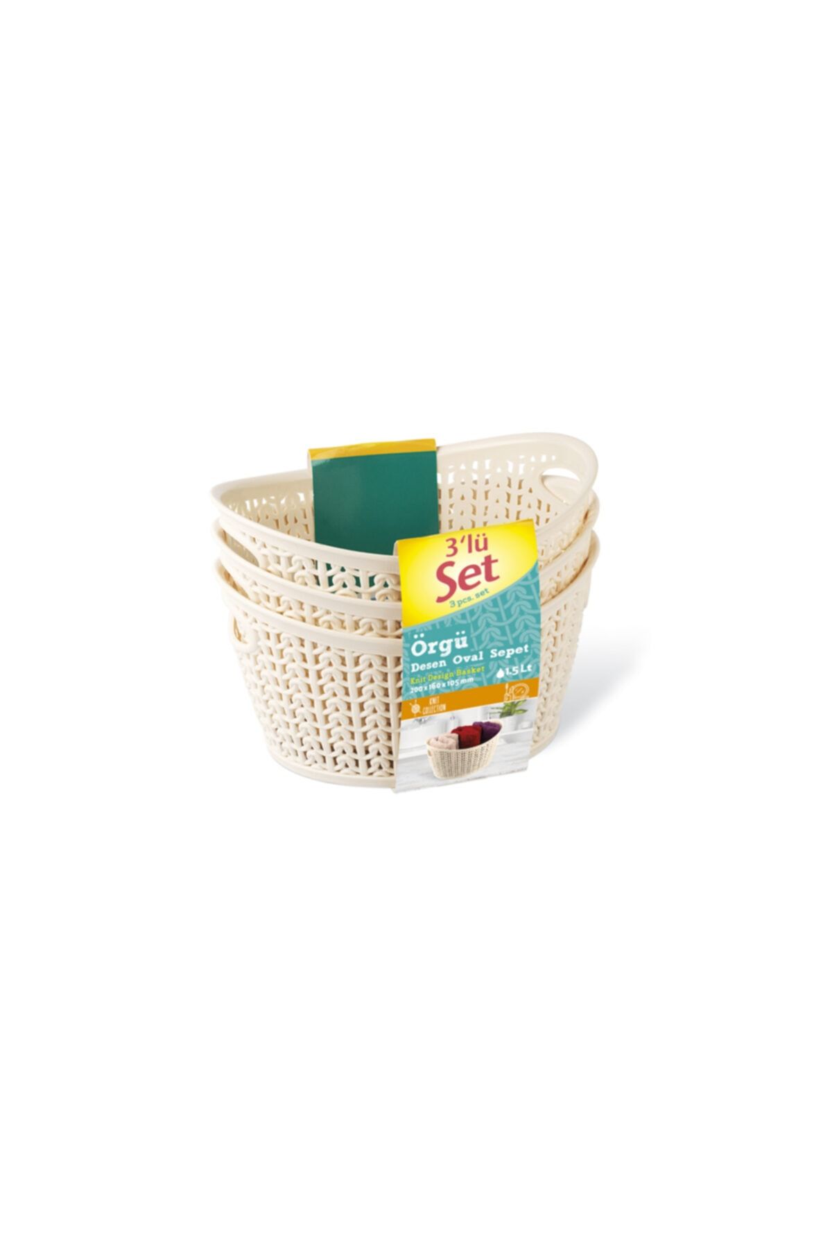 Melkan Home Çok Amaçlı Örgü Desen Oval Sepet & Düzenleyici 1,5 Litre 3'lü Set Krem
