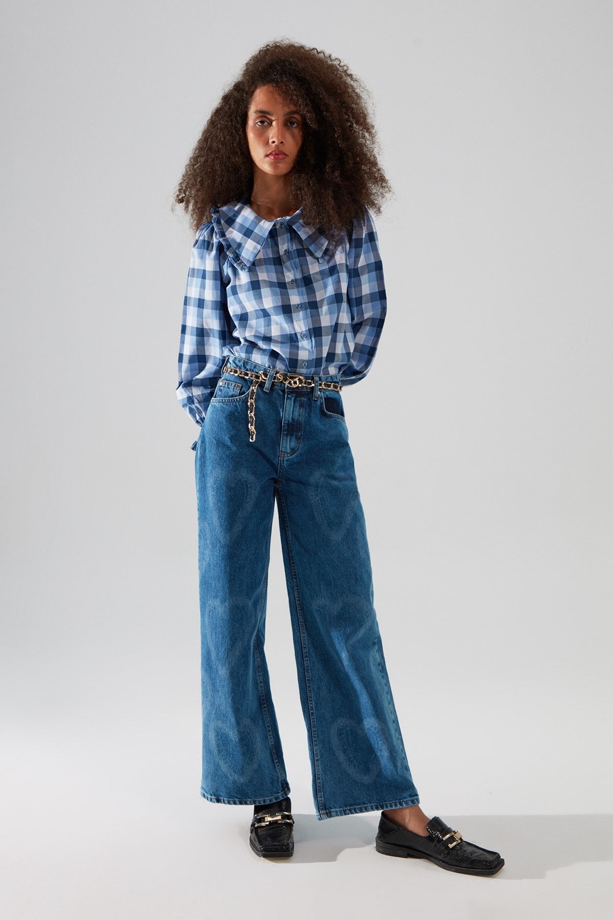 TRENDYOLMİLLA Mavi Petite Baskılı Yüksek Bel Wide Leg Jeans TWOAW22JE0546