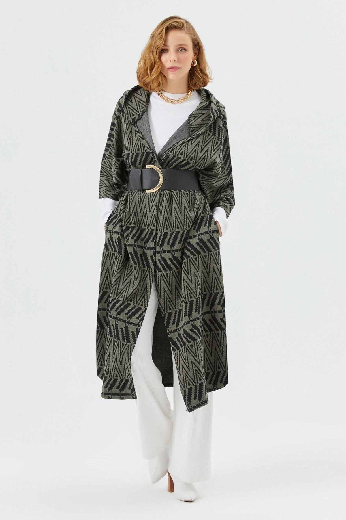 Muni Muni Kemerli Uzun Kaftan-haki-5239