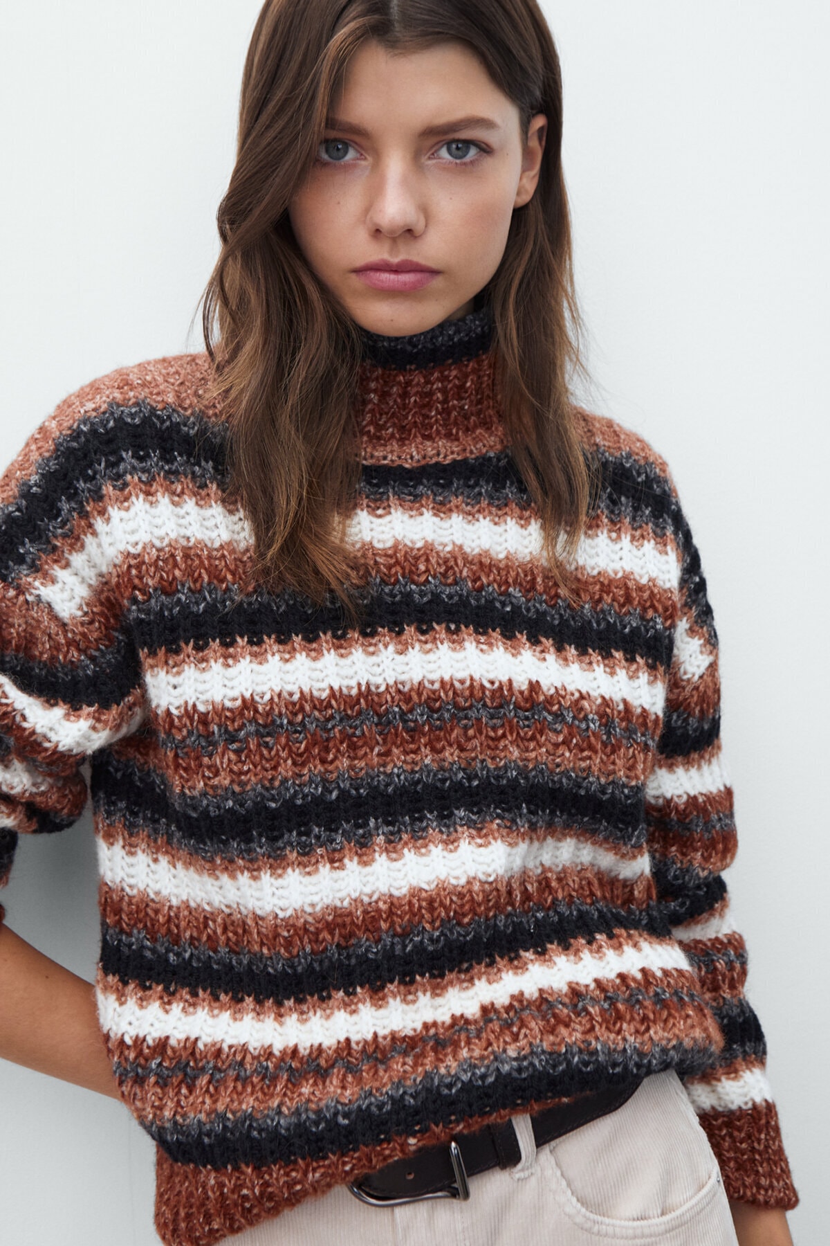 Massimo Dutti Kadın Kahverengi Çizgili Triko Süveter