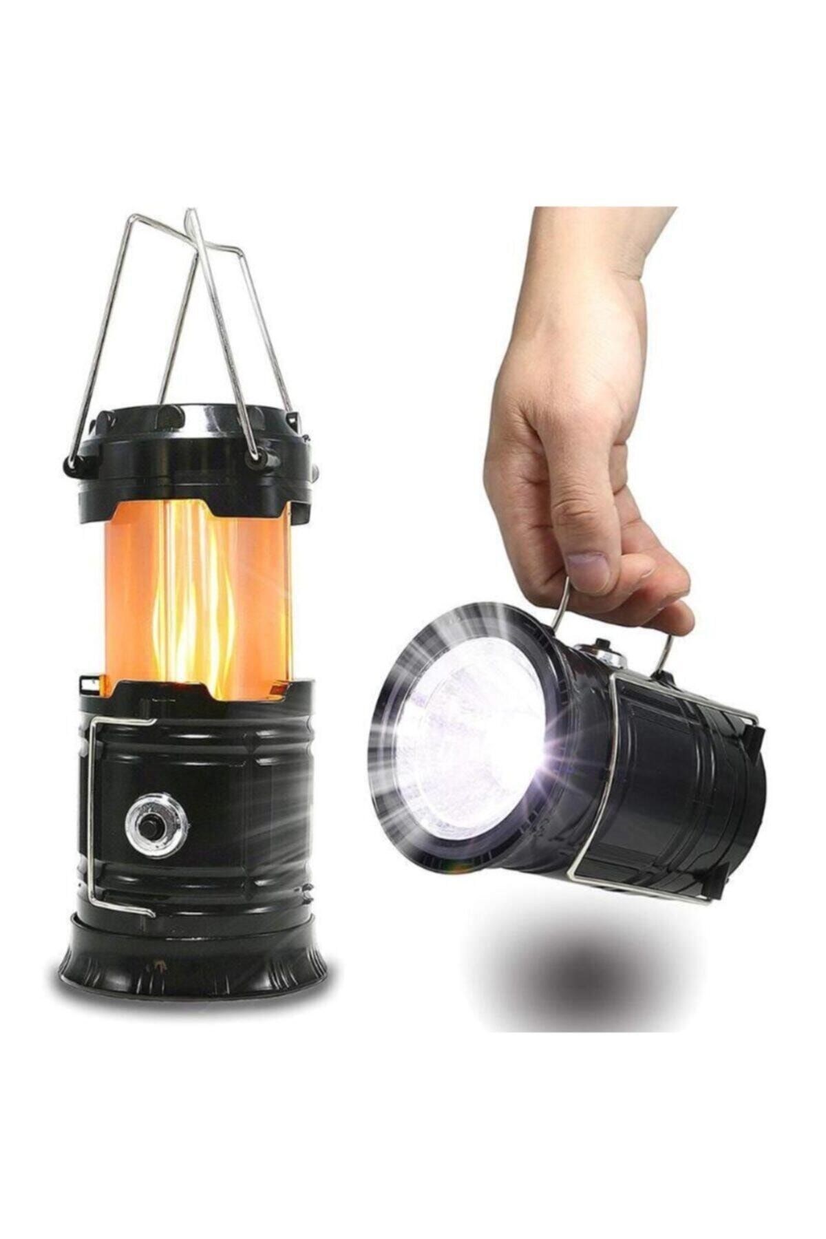LAMBAM Alev Efektli Büyük Boy Kamp Lambası Güneş Enerjili Çadır Led Solar Şarjlı Usb Girişli Fener