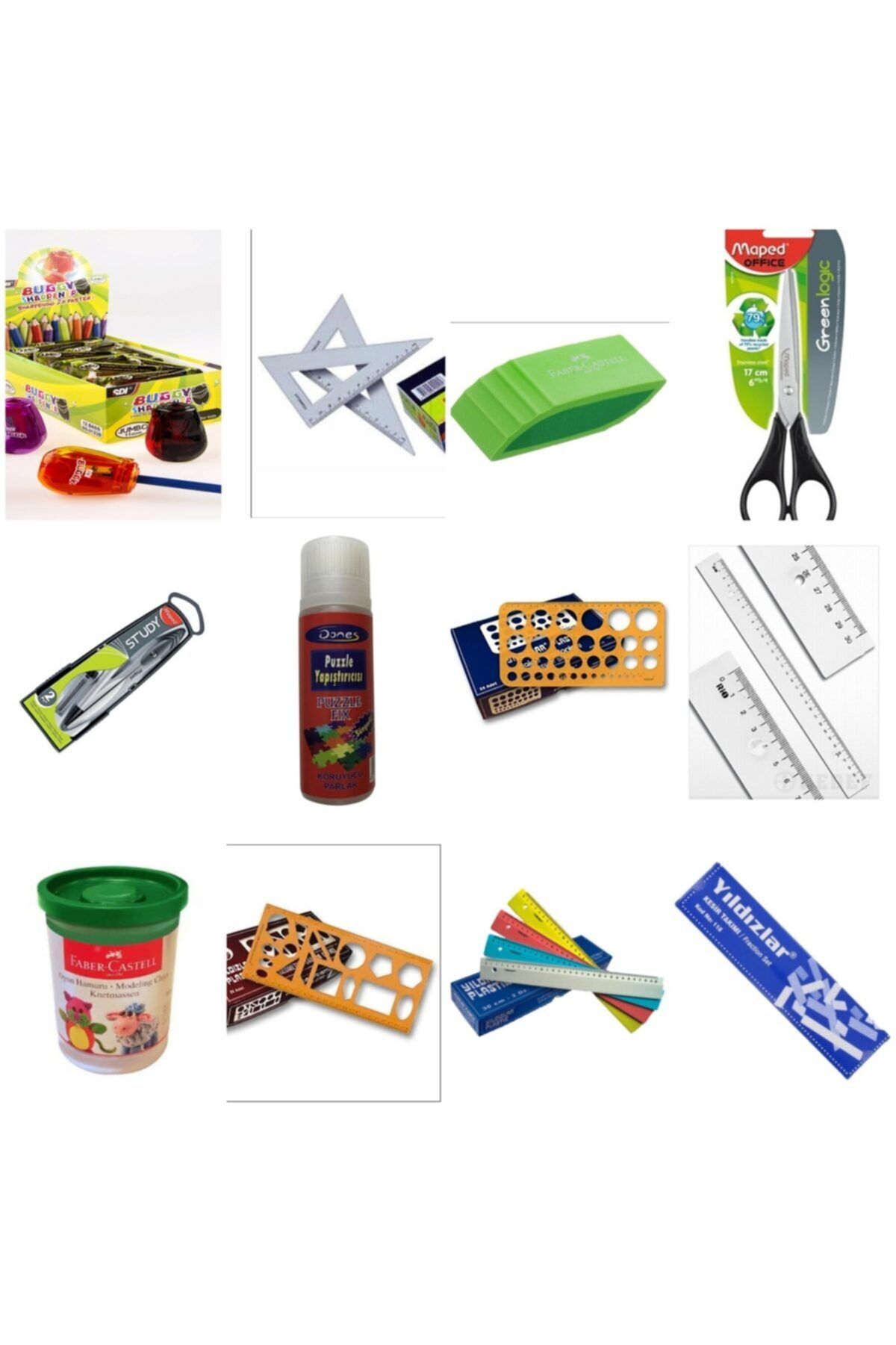 Yıldızlar Cetvel Set, Makas, Oyun Hamuru Kalem Traş, Silgi, Pergel, Puzzle Yapıştırıcısı, Kesir Takımı, Gönye