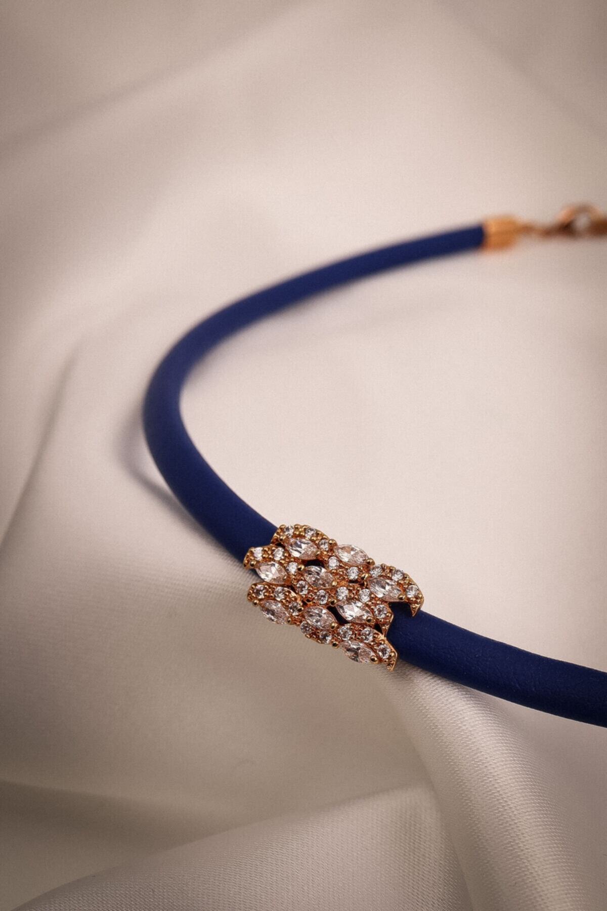 Süspüs Accessories Mavi Yumuşak Deri Gold Zırcon Taşlı Choker