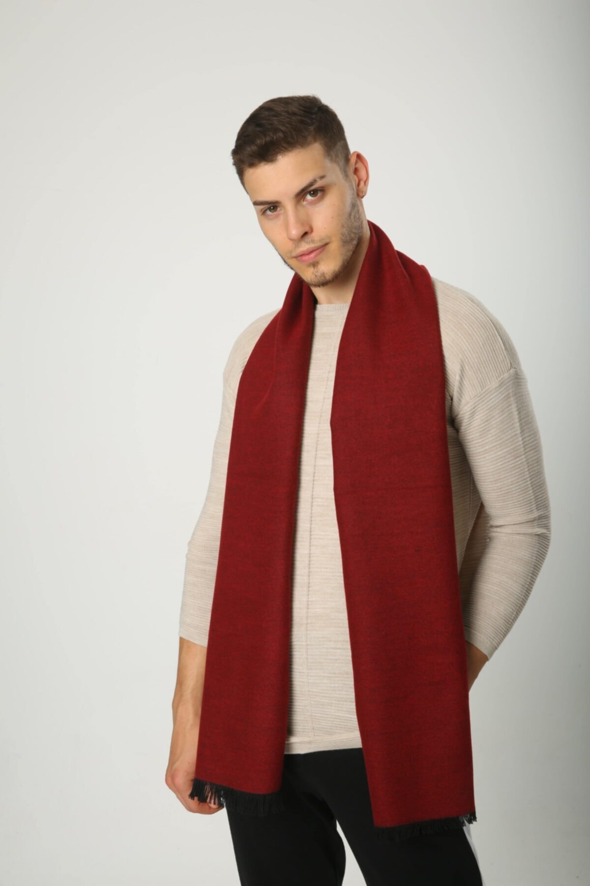 L'PODRE Siyah Bordo Çift Taraflı Kaşmir Erkek Atkı