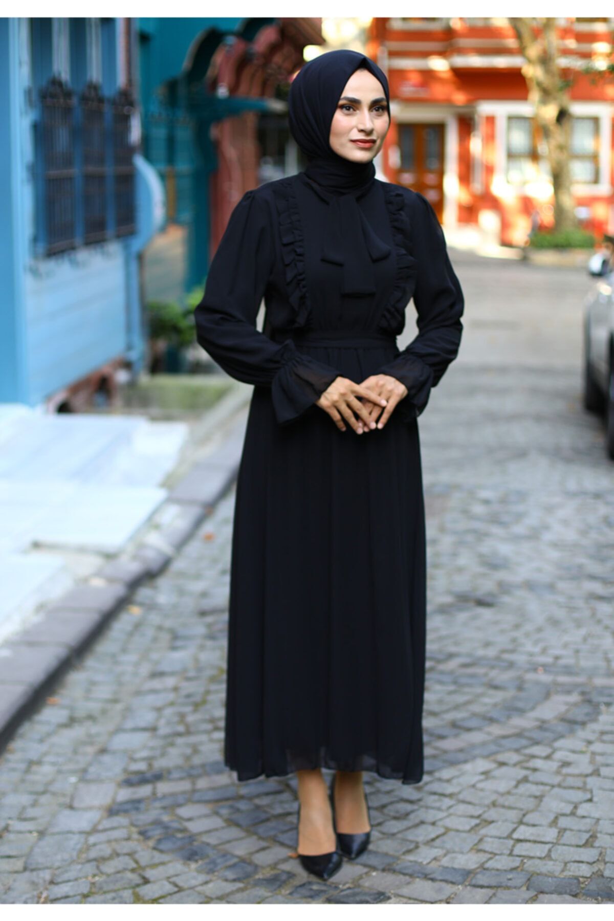 Feiza Collection Fırfırlı Tesettür Abiye Elbise - Siyah