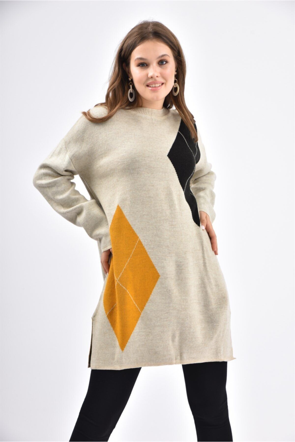 FTZ WOMEN Geometrik Desen Tunik Beıge