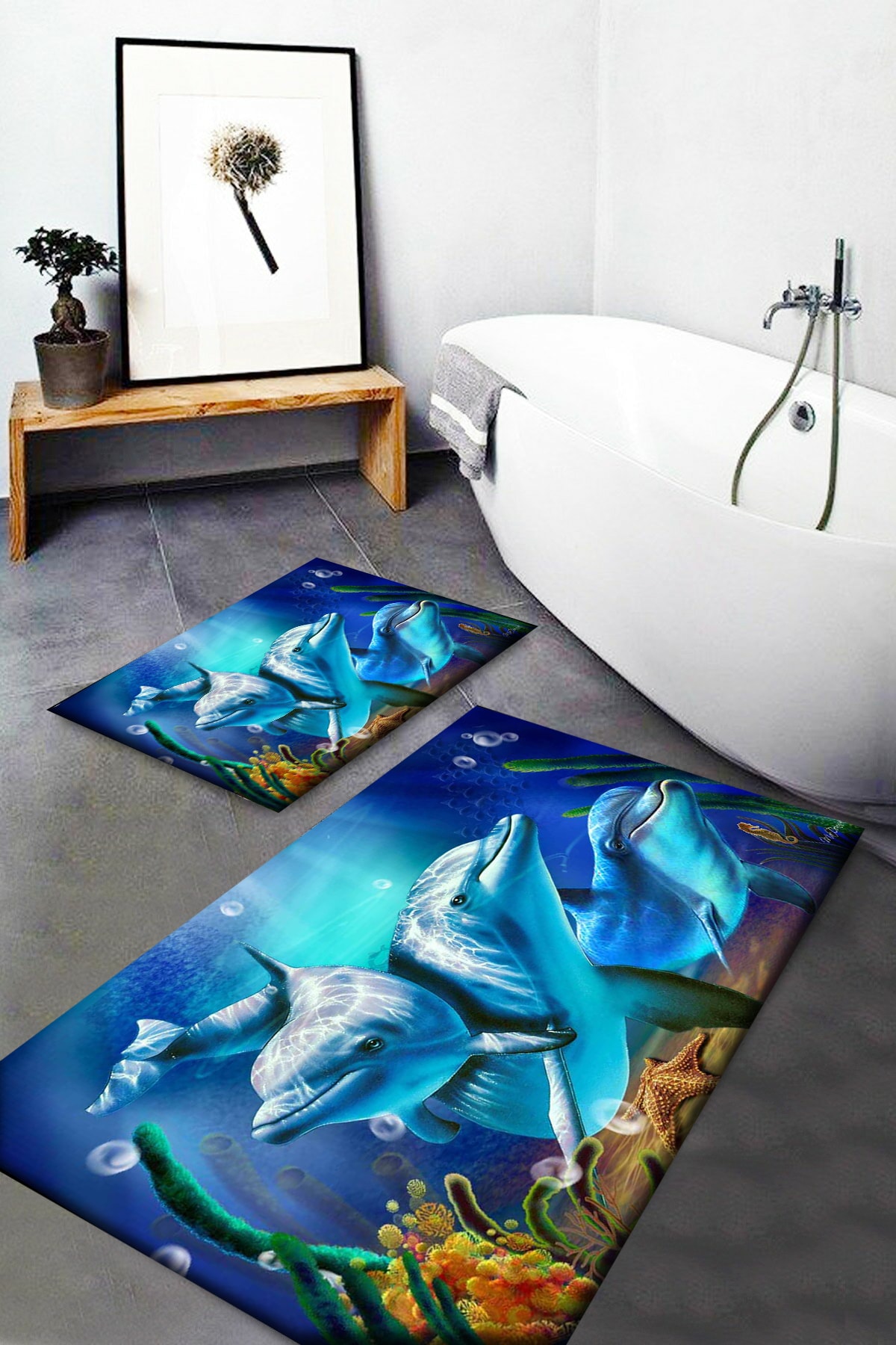 Osso Halı Mavi Yunuslar Desenli Yıkanabilir Kaymaz Taban 2li Banyo Halısı