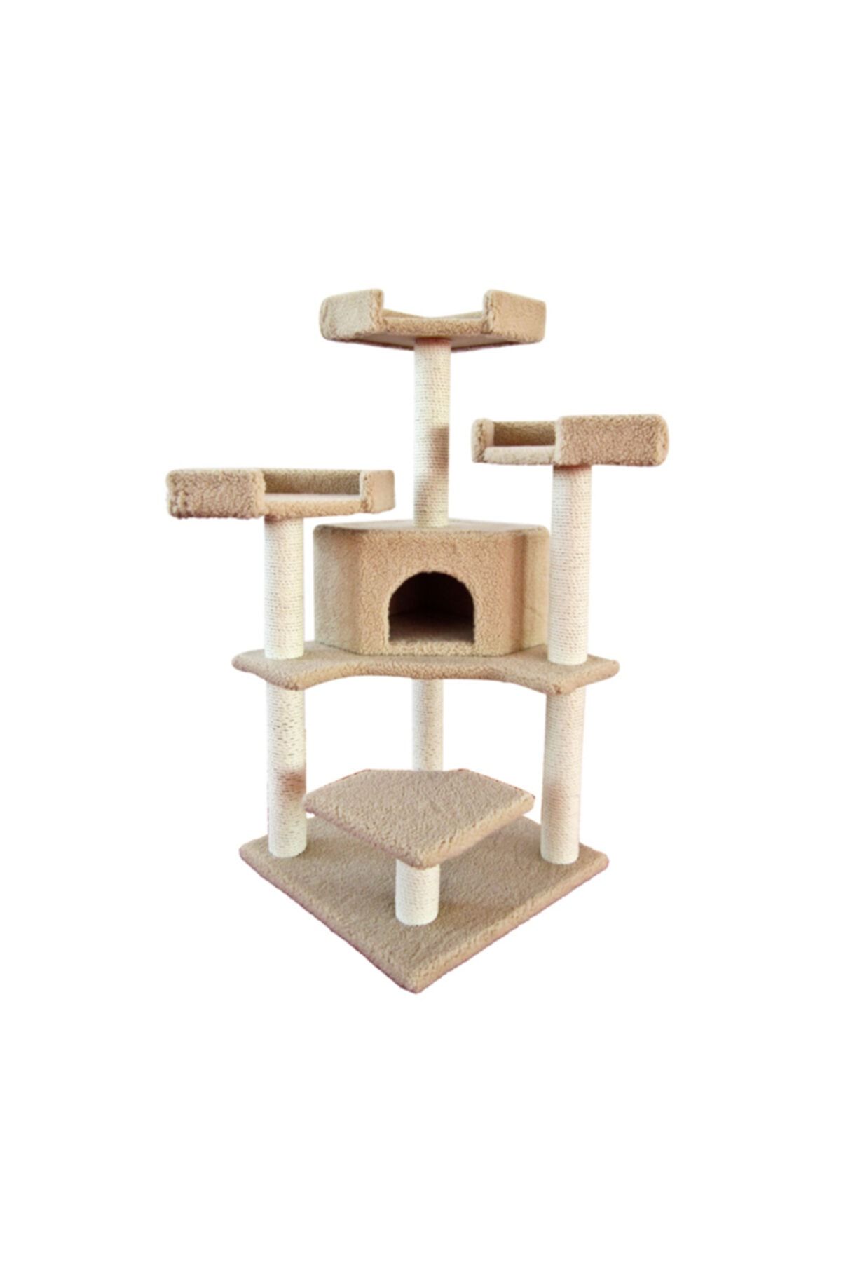 Evcils Kedi Evi Tırmalama Villası Dekoratif Kedi Tırmalama Evi Krem Peluş
