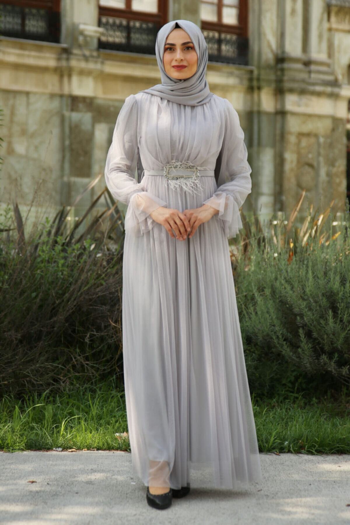 Feiza Collection Kemer Detaylı Tül Tesettür Abiye Elbise - Gri