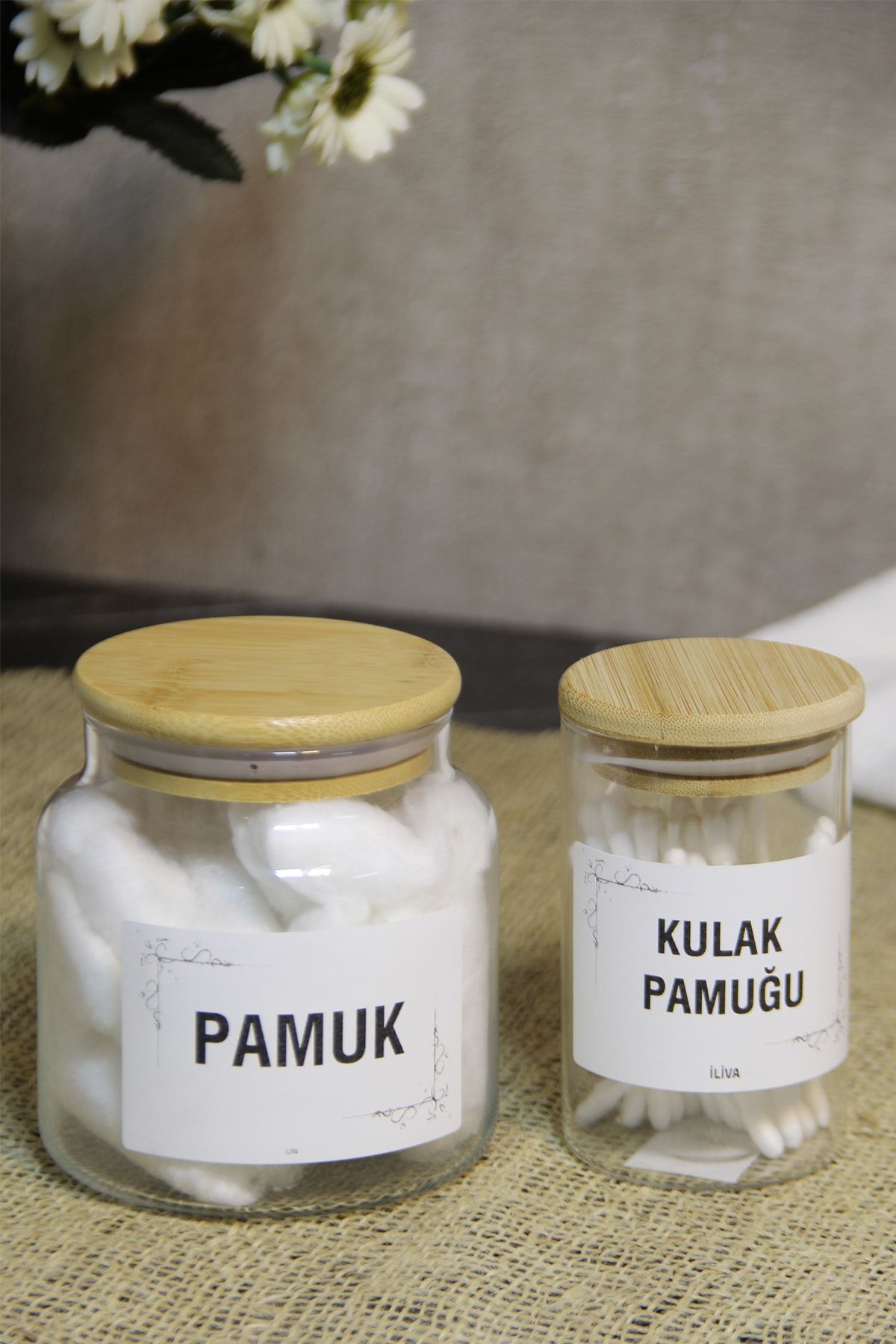 İLİVA Bambu Kapaklı Cam Kulak Pamuğu ve Pamukluk Pamuk Kabı