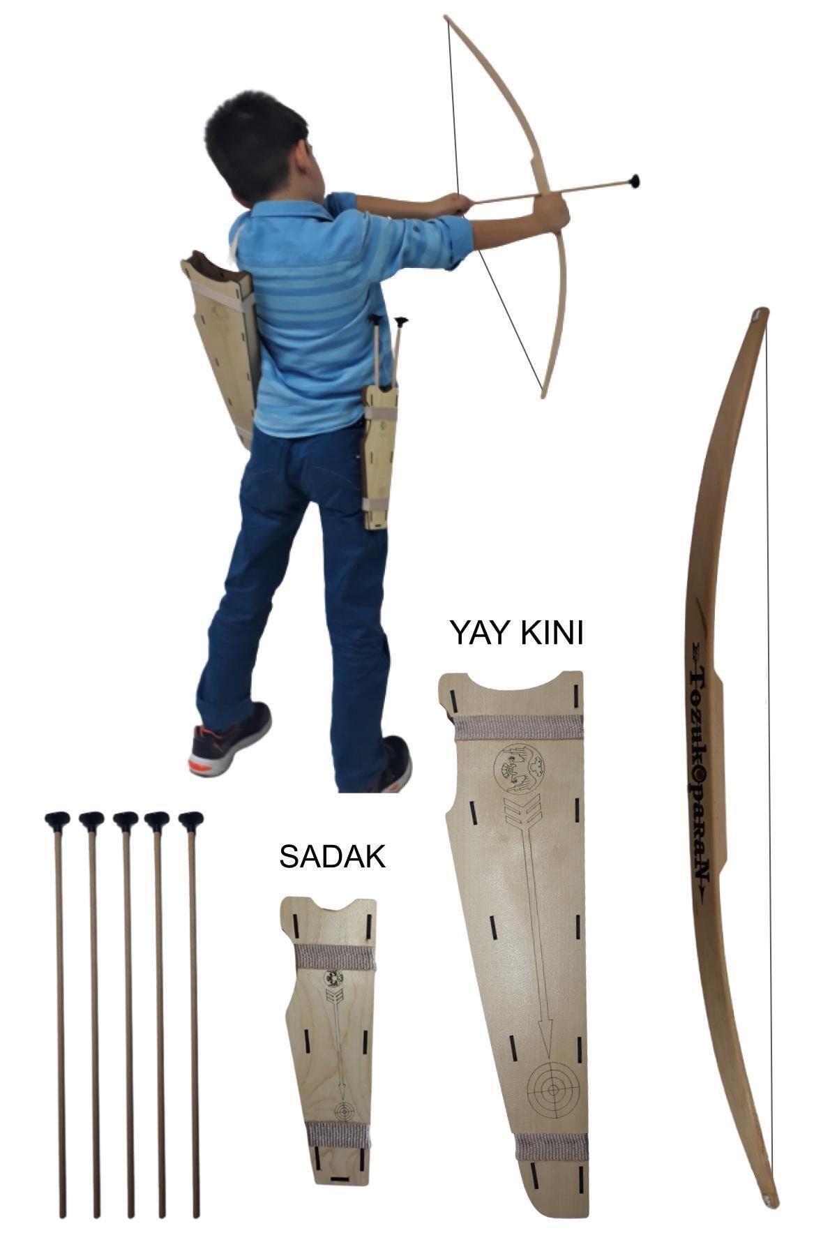Ahtek Doğal Ahşap Ok Yay Seti, Yay + 5 Adet Ok + Yay Kını + Sadak