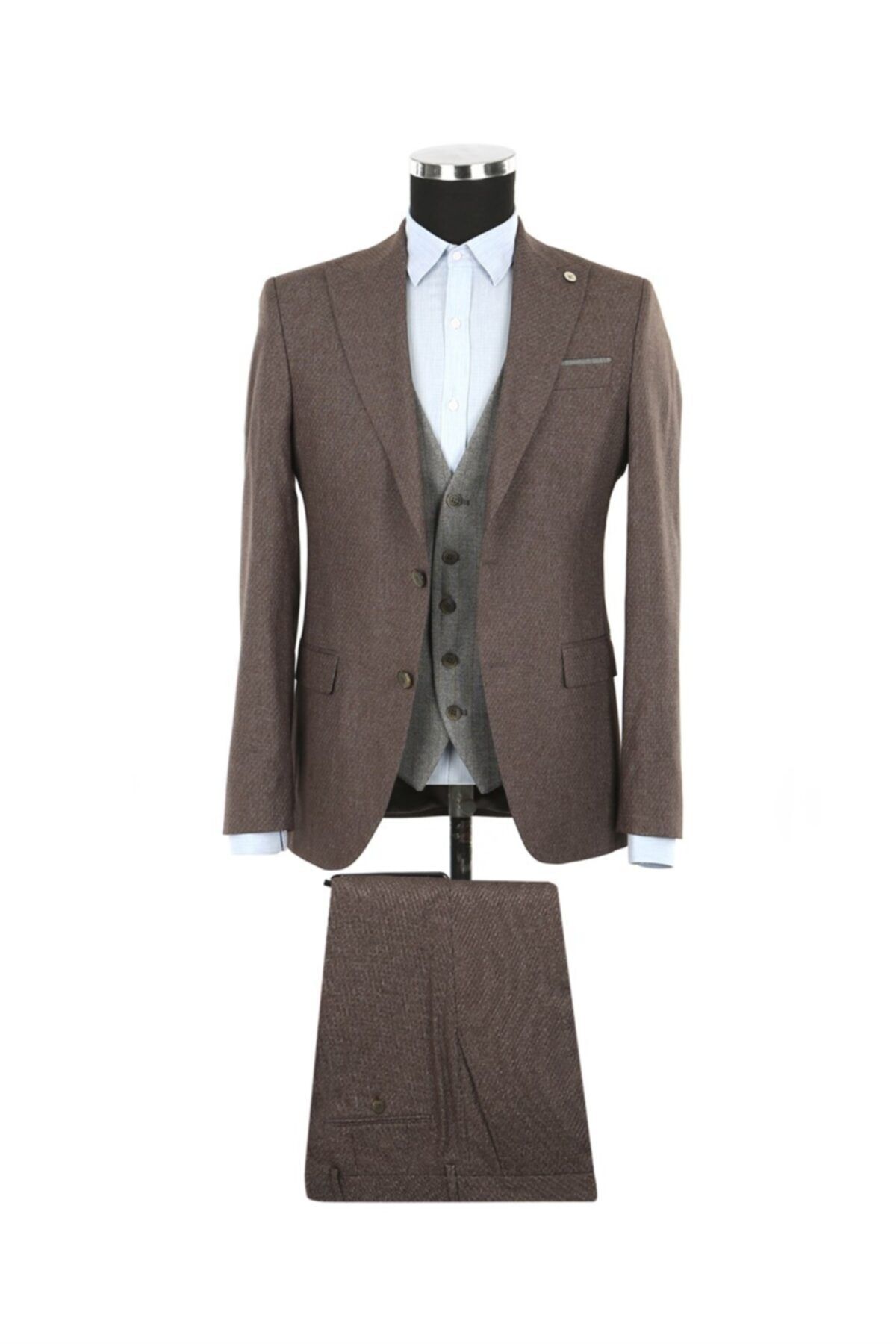 Jakamen Kahverengi Slim Fit Sivri Yaka Yelekli Erkek Takım Elbise