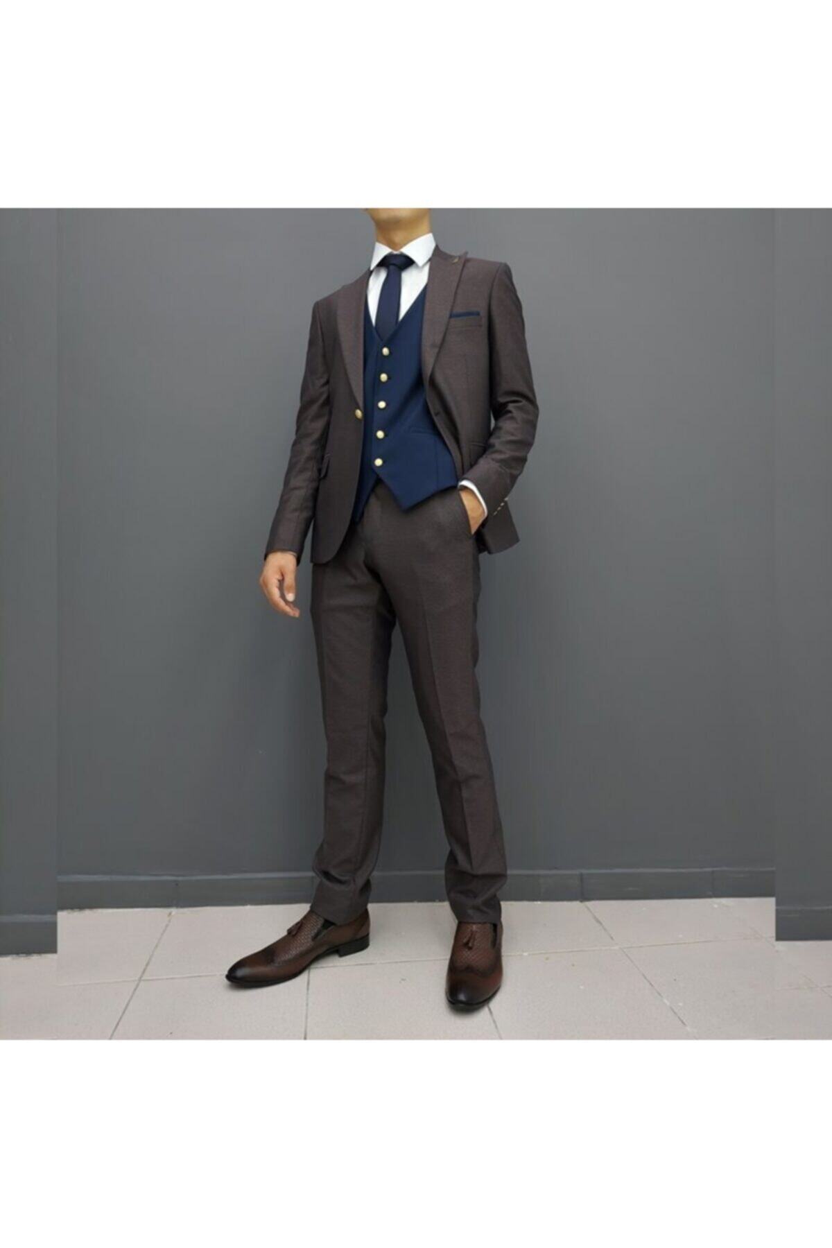 FAHRETTİN MODA Y051-2508 Kahverengi Lacivert Noktalı Slim Fit Yelekli Kombin Takım Elbise