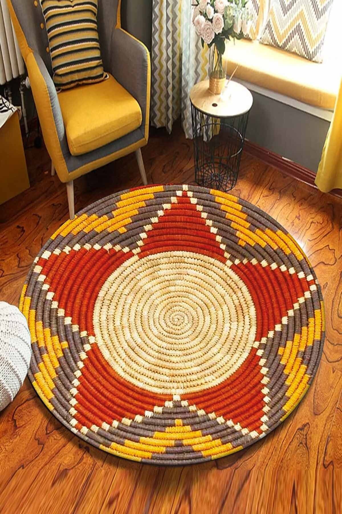 KARNAVAL HOME Sarı Turuncu Etnik Desenli Yuvarlak Jüt Örme Doğal Hasır Kilim Daire Halı Jut-3087