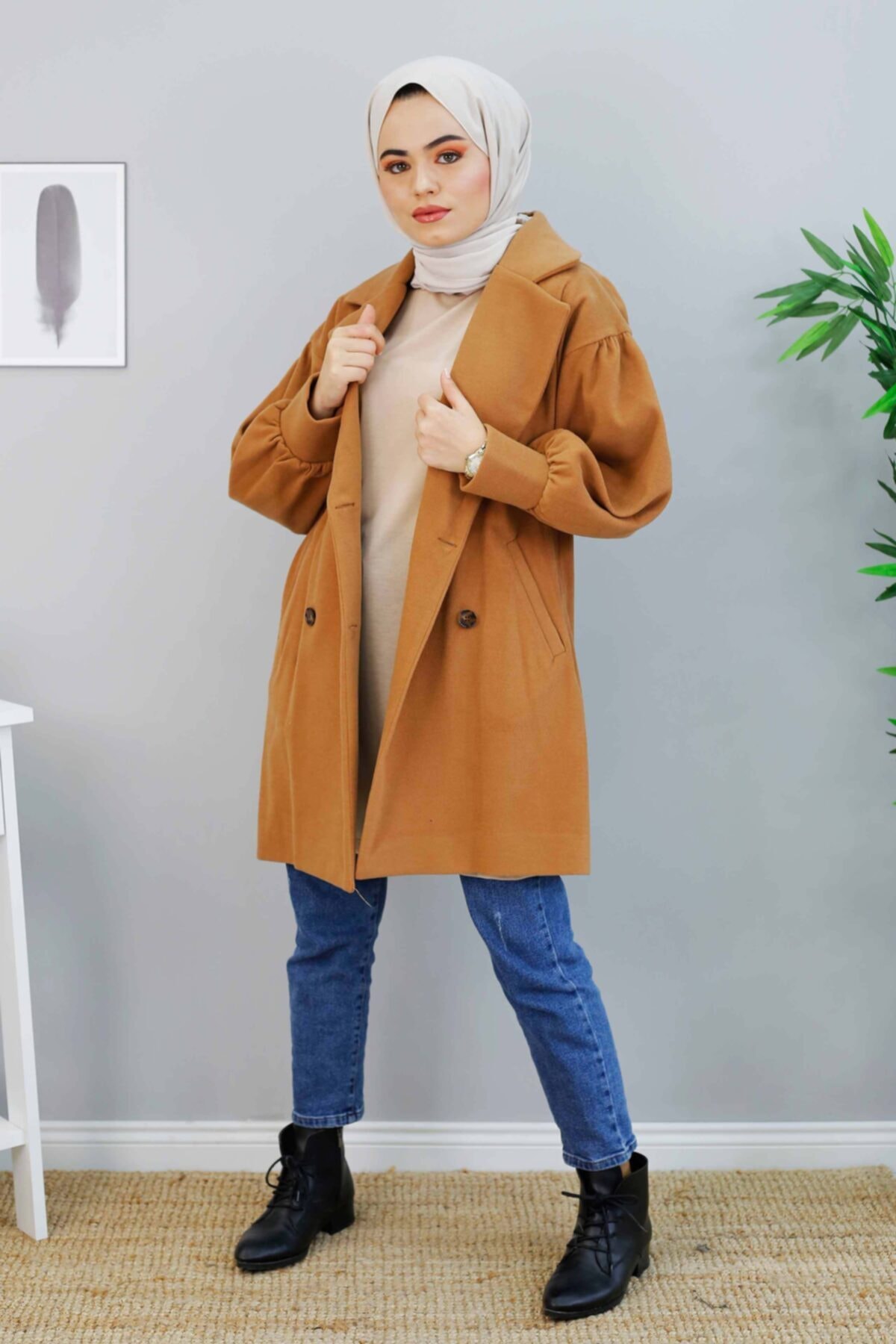 İmajButik Balon Kol Detaylı Kaşe Kaban/camel