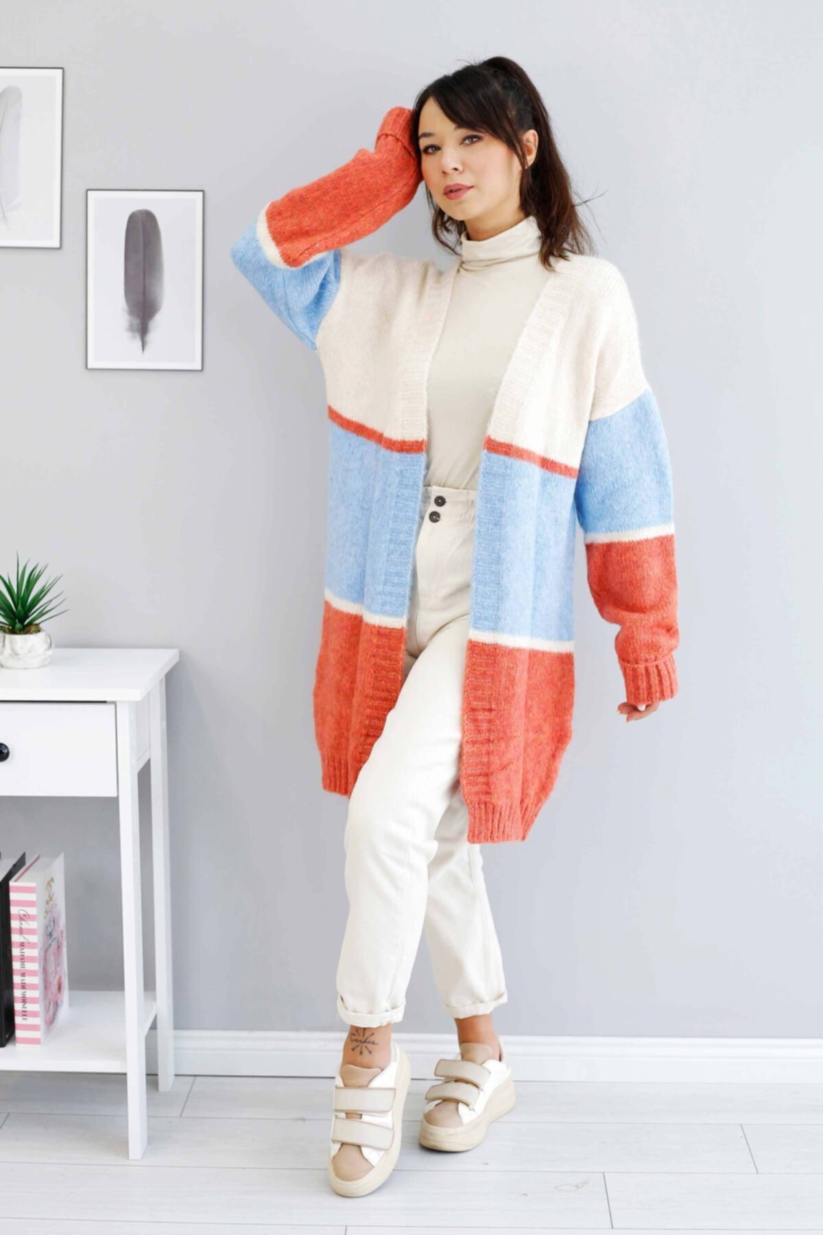 İmajButik Önü Çık Yumoş Triko Hırka/krem-mavi