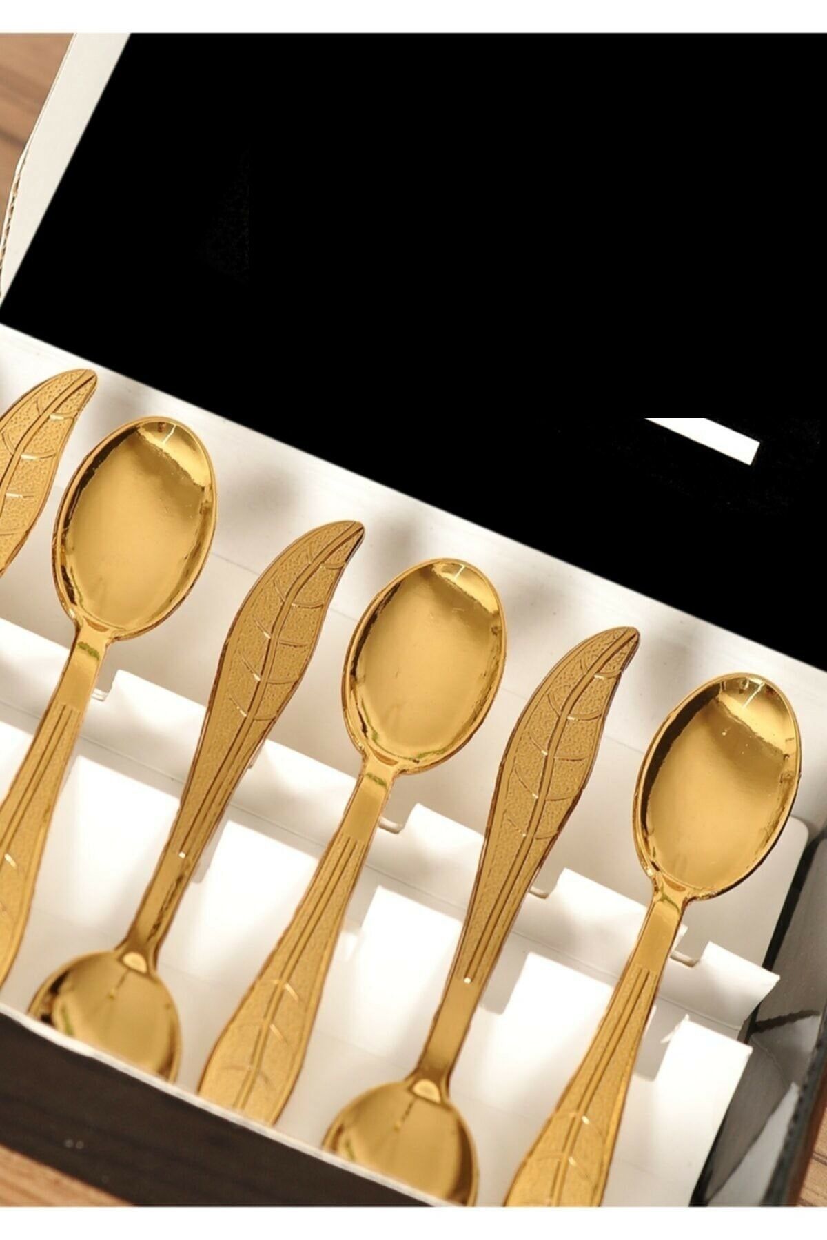 renn Yaprak Model Şık Gold Renk Çay Kaşığı - 6 Adet