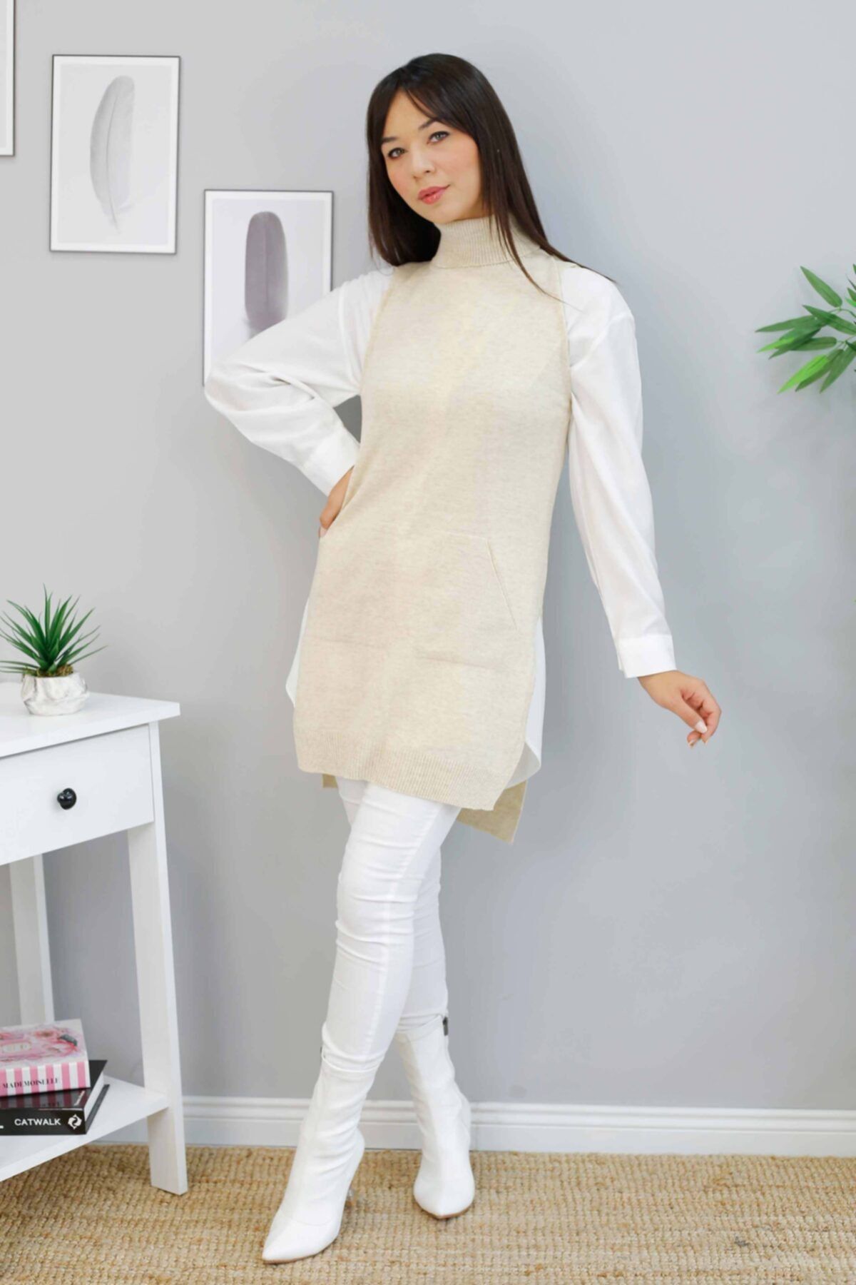 İmajButik Tam Boğazlı Triko Süveter/bej