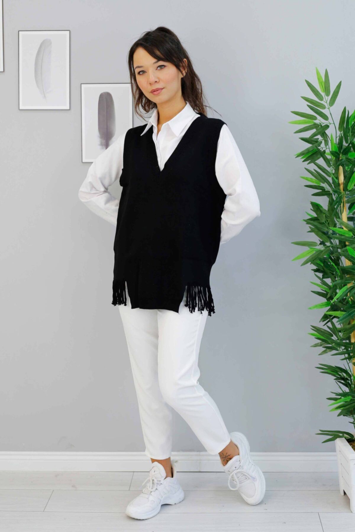 İmajButik Altı Püskül Detaylı Triko Süveter/siyah