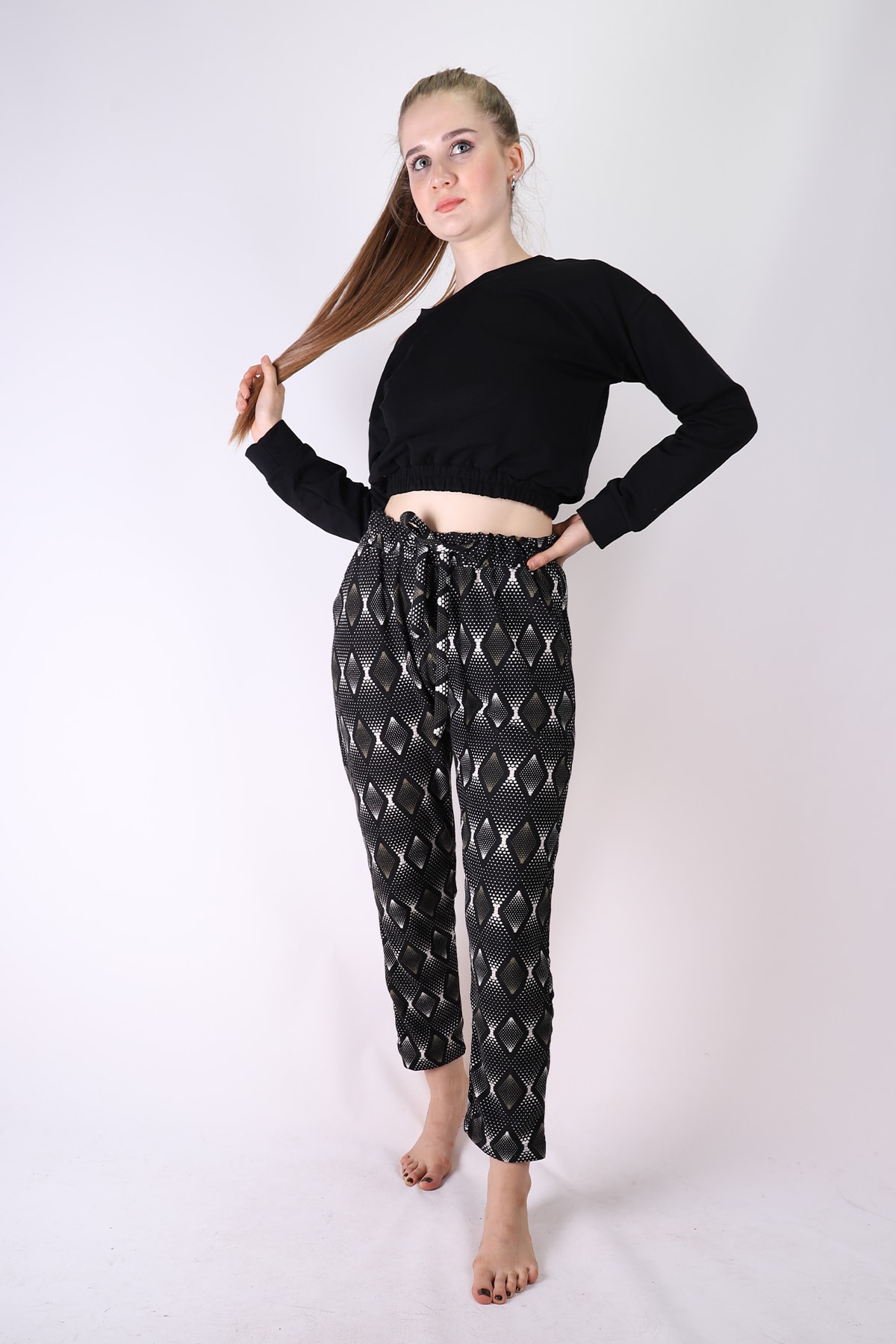 FEVİLLE Kadın Haki Etnik Desenli Cepli Süet Tek Pijama Altı