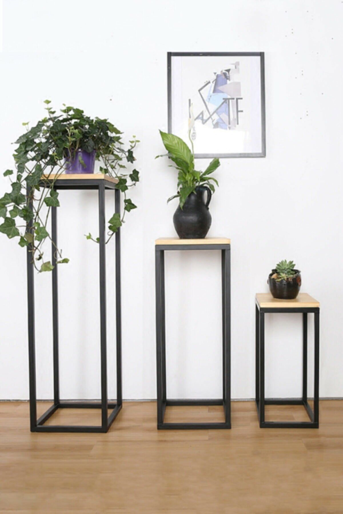 decorel Yan Sehpa Saksılık Modern Çiçeklik 3'lü Dekoratif Saksı Standı Metal Çiçek Rafı