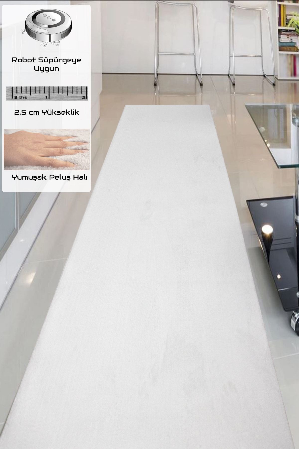 Payidar Halı Yıkanabilir Post Peluş 100 X 400 Cm 4004 Süt Beyaz Kaymaz Taban Kesme Yolluk Halı