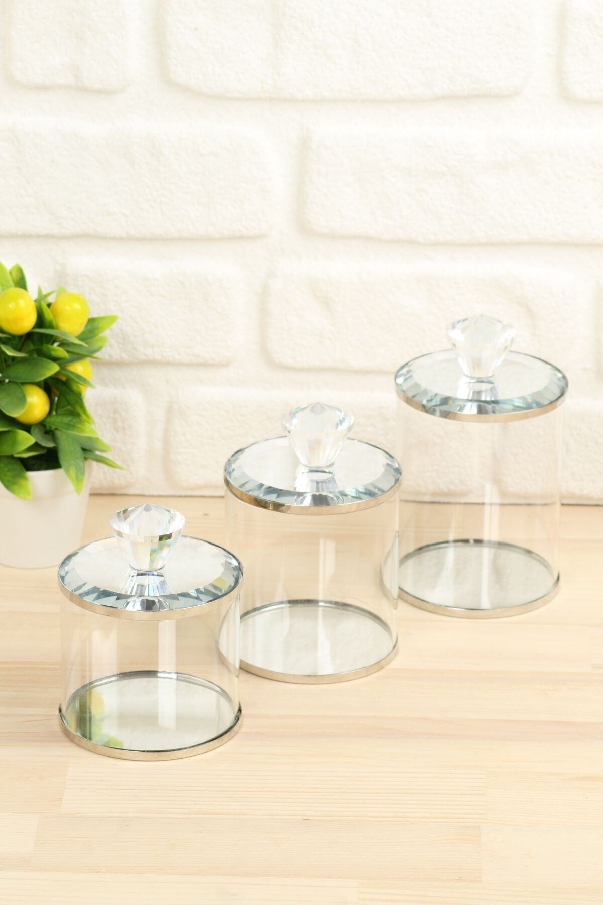 incili home Aynalı Lüks Cam Baharatlık & Saklama Kabı 3 Lü Set/gümüş