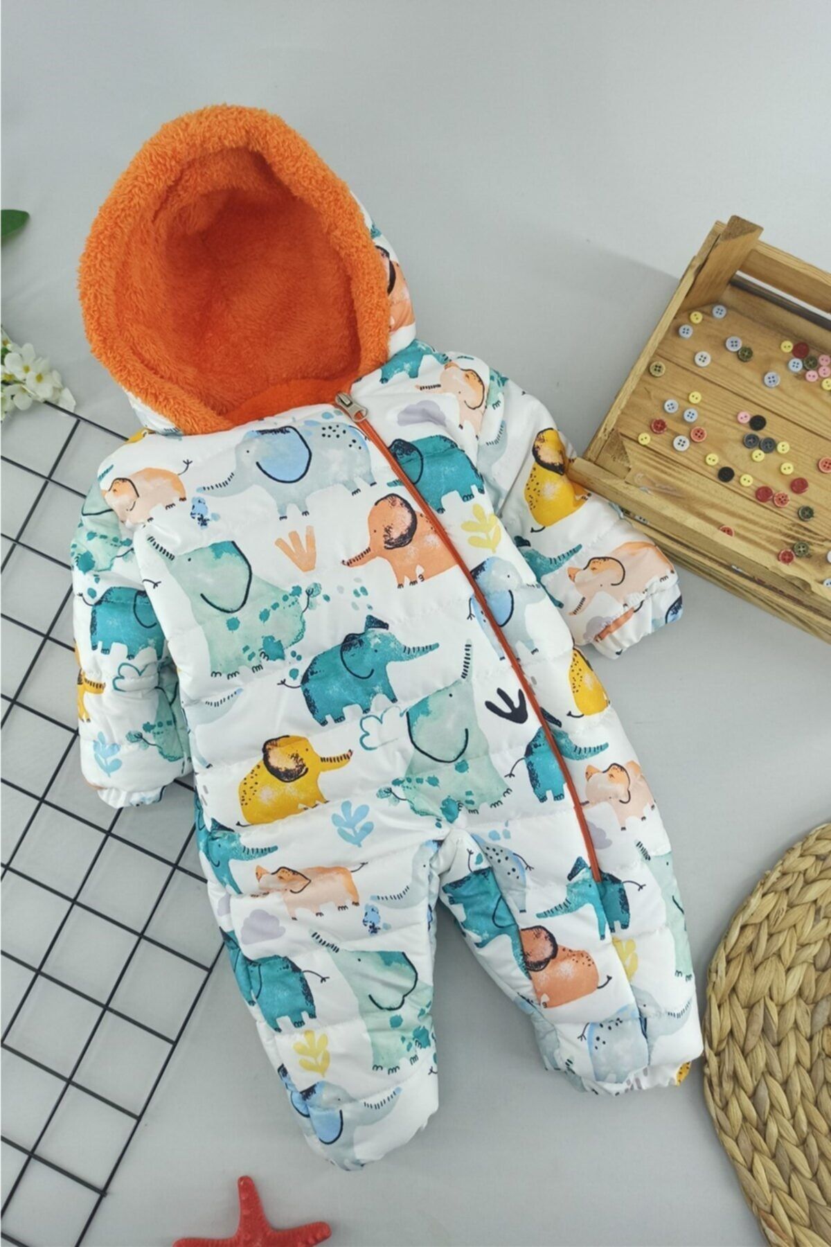 ALİSS BABY Turuncu Fil Desen Bebek Kozmonot Astronot Tulum 6-12- 18 Ay