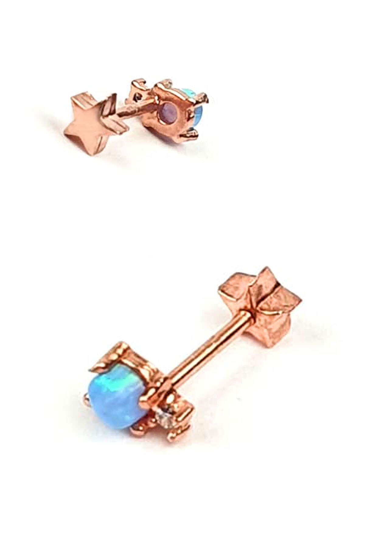 OSESHOP Bir Tarafı Yıldız Bir Tarafı Opal Taşlı Gümüş Rose Altın Kaplama Tragus Helix Dudak Piercing