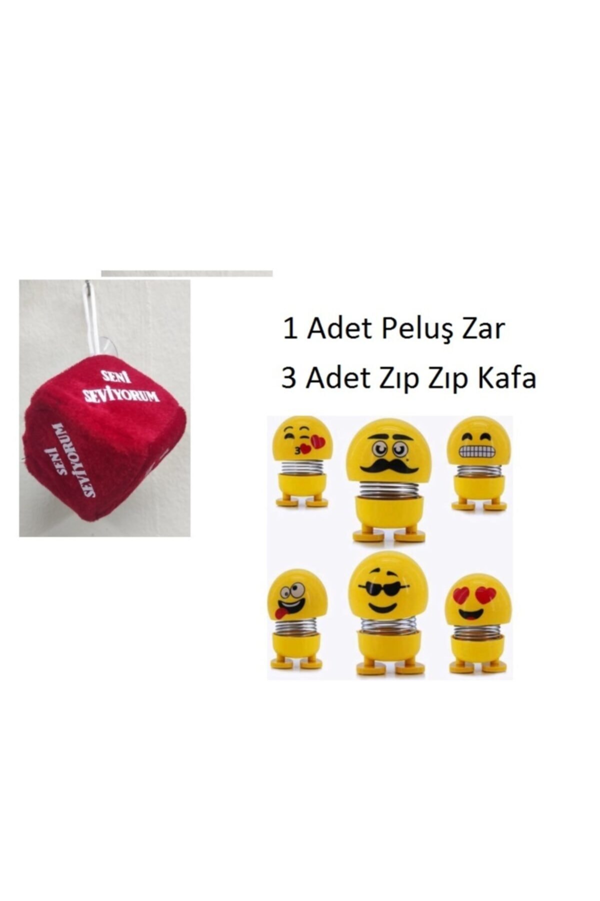 CAN OYUNCAK 3 Adet Zıp Zıp Emoji Kafa Ve 1 Adet Peluş Zar Araba Süsü