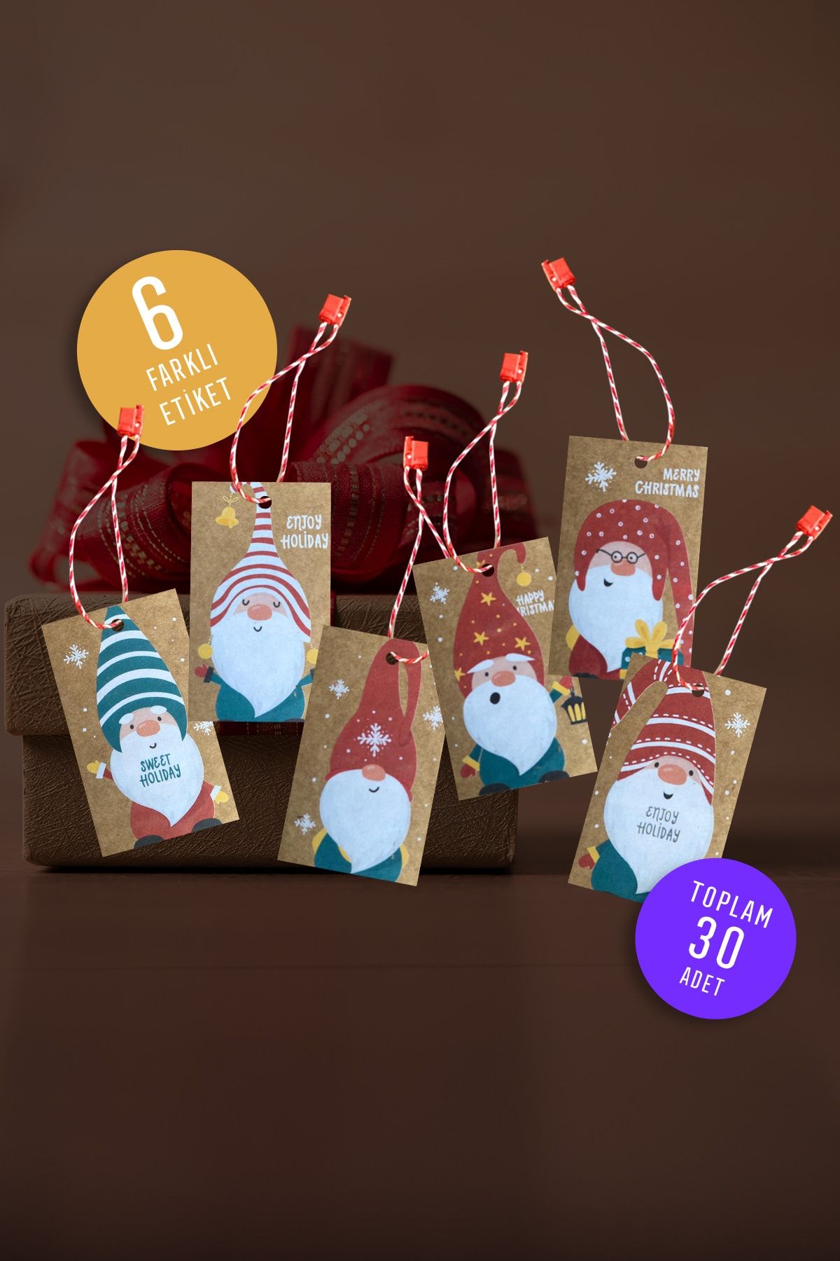 colortouch Kraft Etiket , Yılbaşı Hediye Etiketi 30 Adet , 30 Adet Kilitli Ip